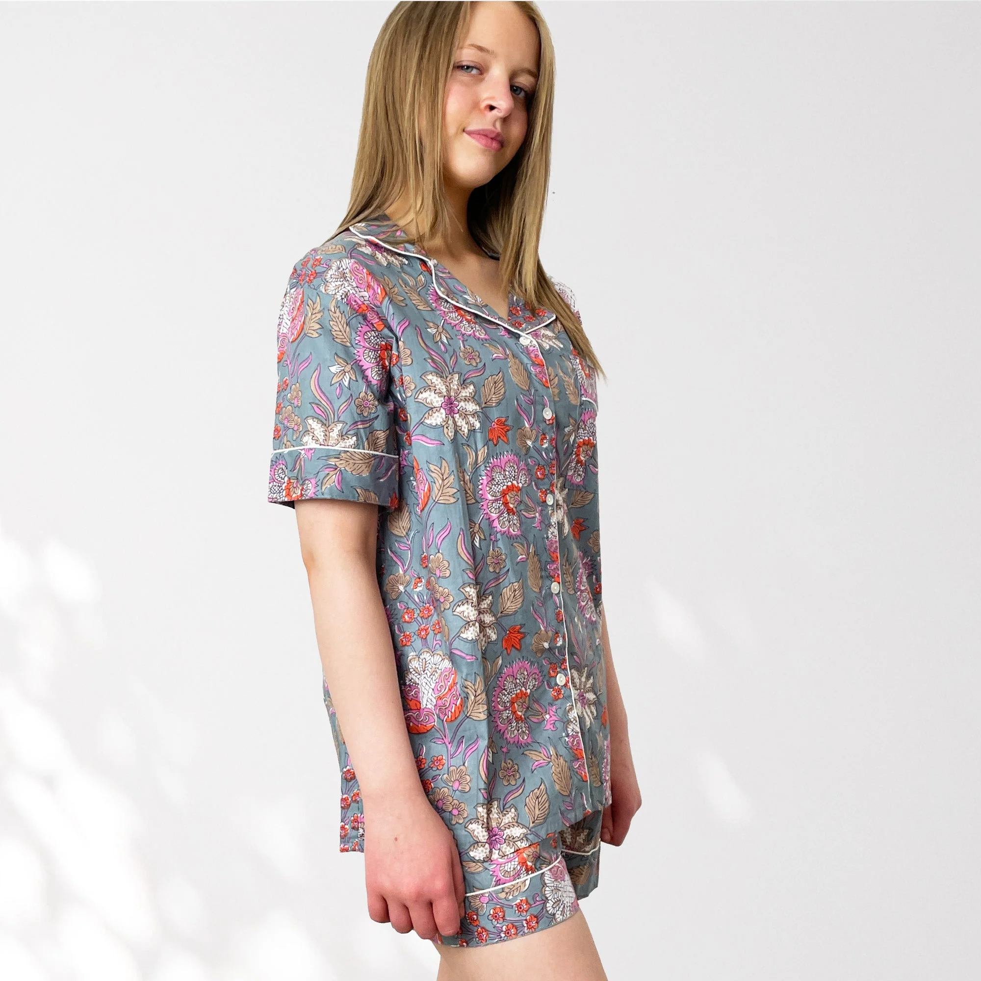 Floral 100% Cotton Short Pyjama Set in Grey and Pink - Image 3