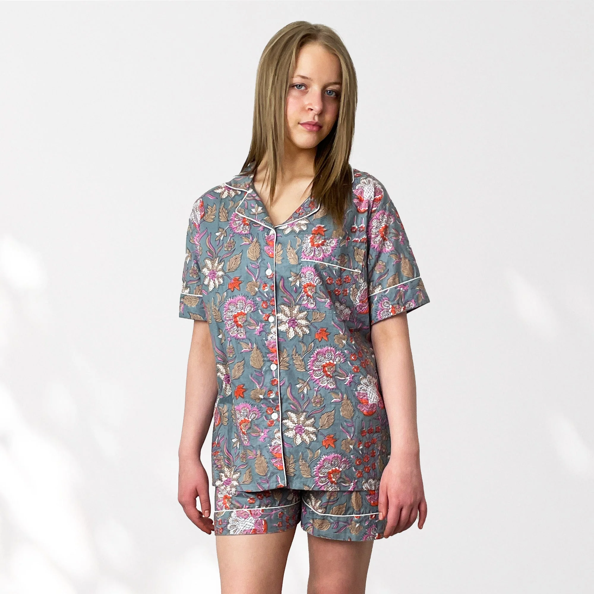 Floral 100% Cotton Short Pyjama Set in Grey and Pink - Image 4