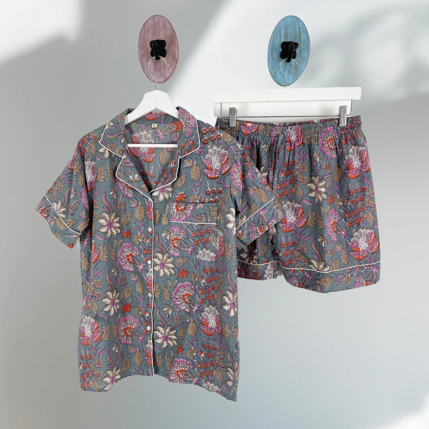 Floral 100% Cotton Short Pyjama Set in Grey and Pink - Image 7