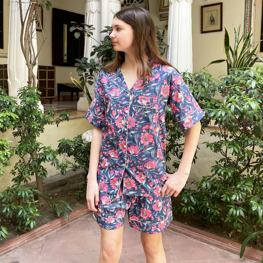 Navy and Pink Block Print Floral 100% Cotton Short Pyjama Set - Image 2