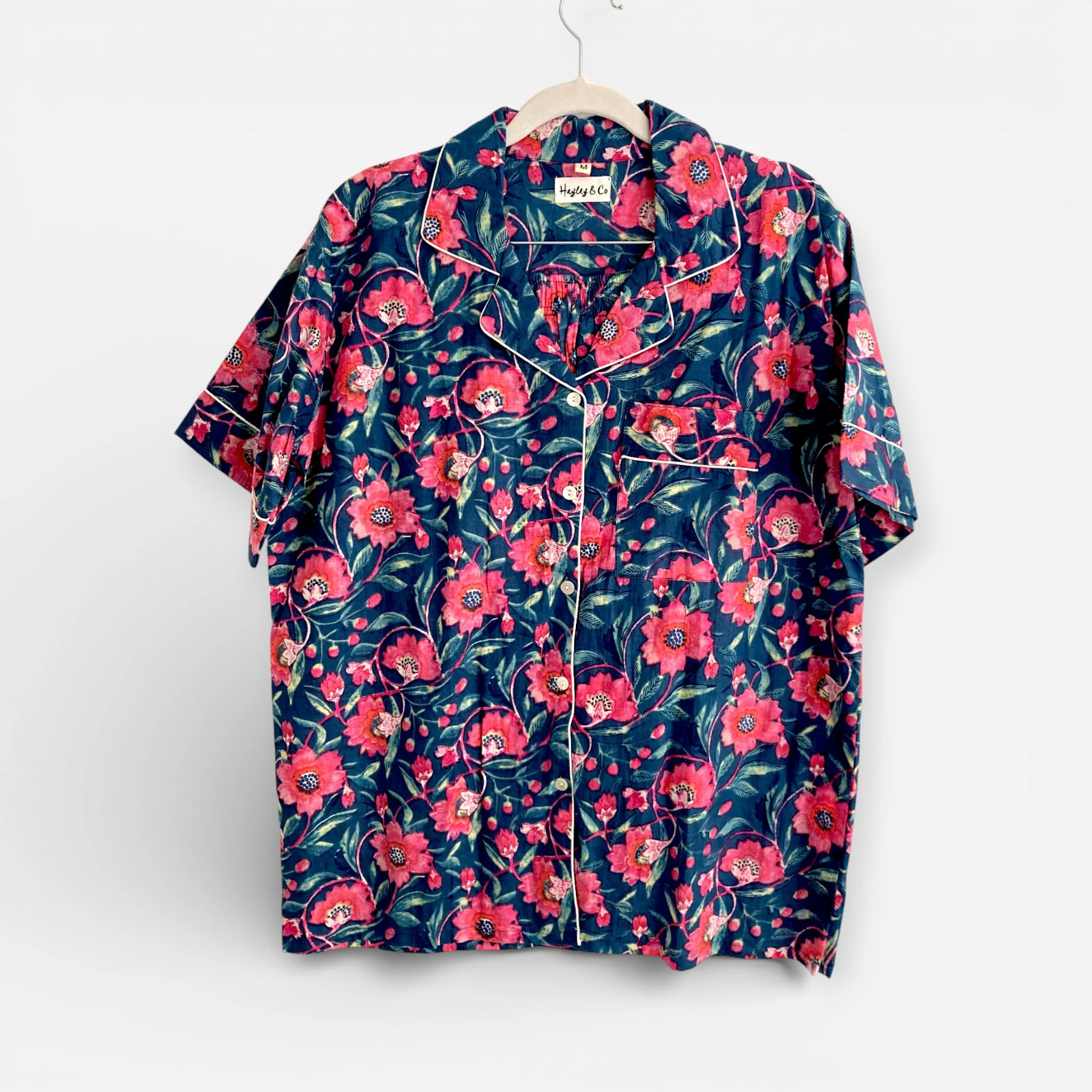 Navy and Pink Block Print Floral 100% Cotton Short Pyjama Set - Image 5
