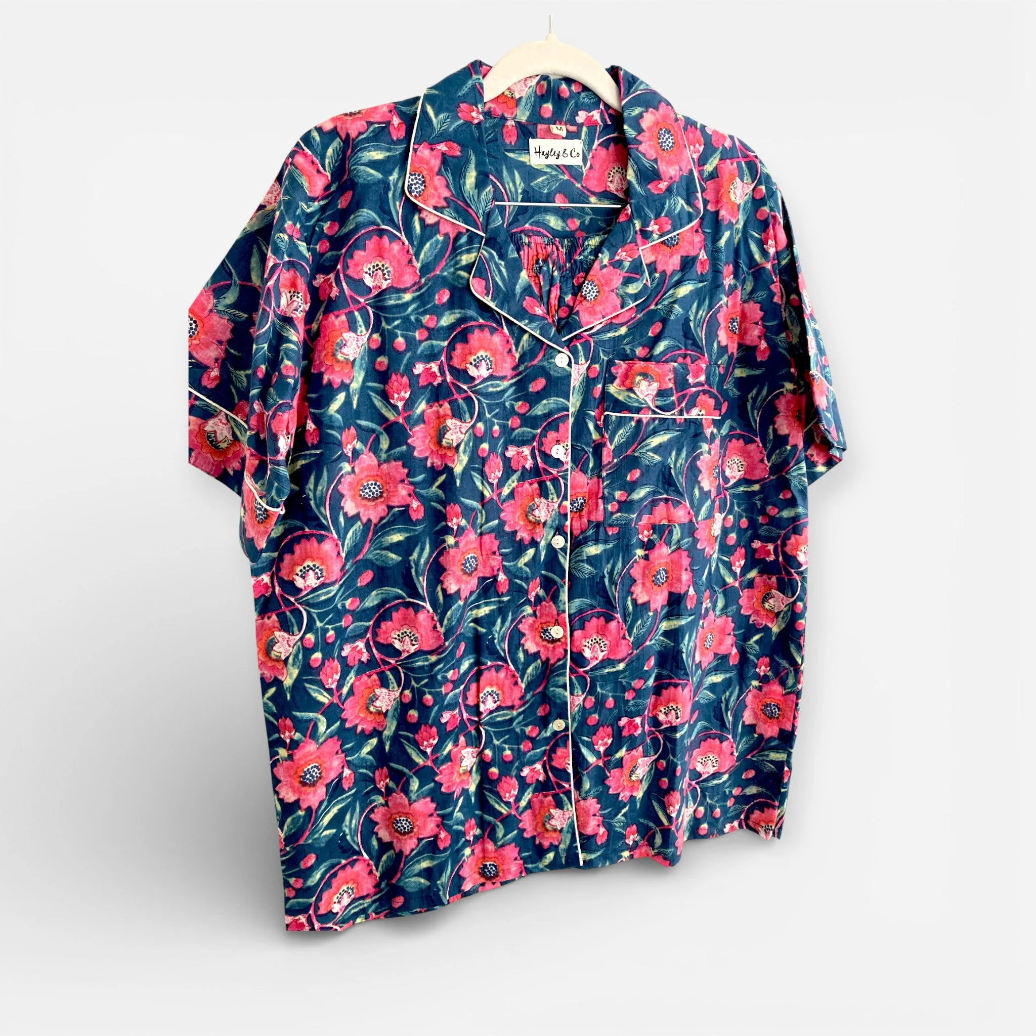 Navy and Pink Block Print Floral 100% Cotton Short Pyjama Set - Image 6