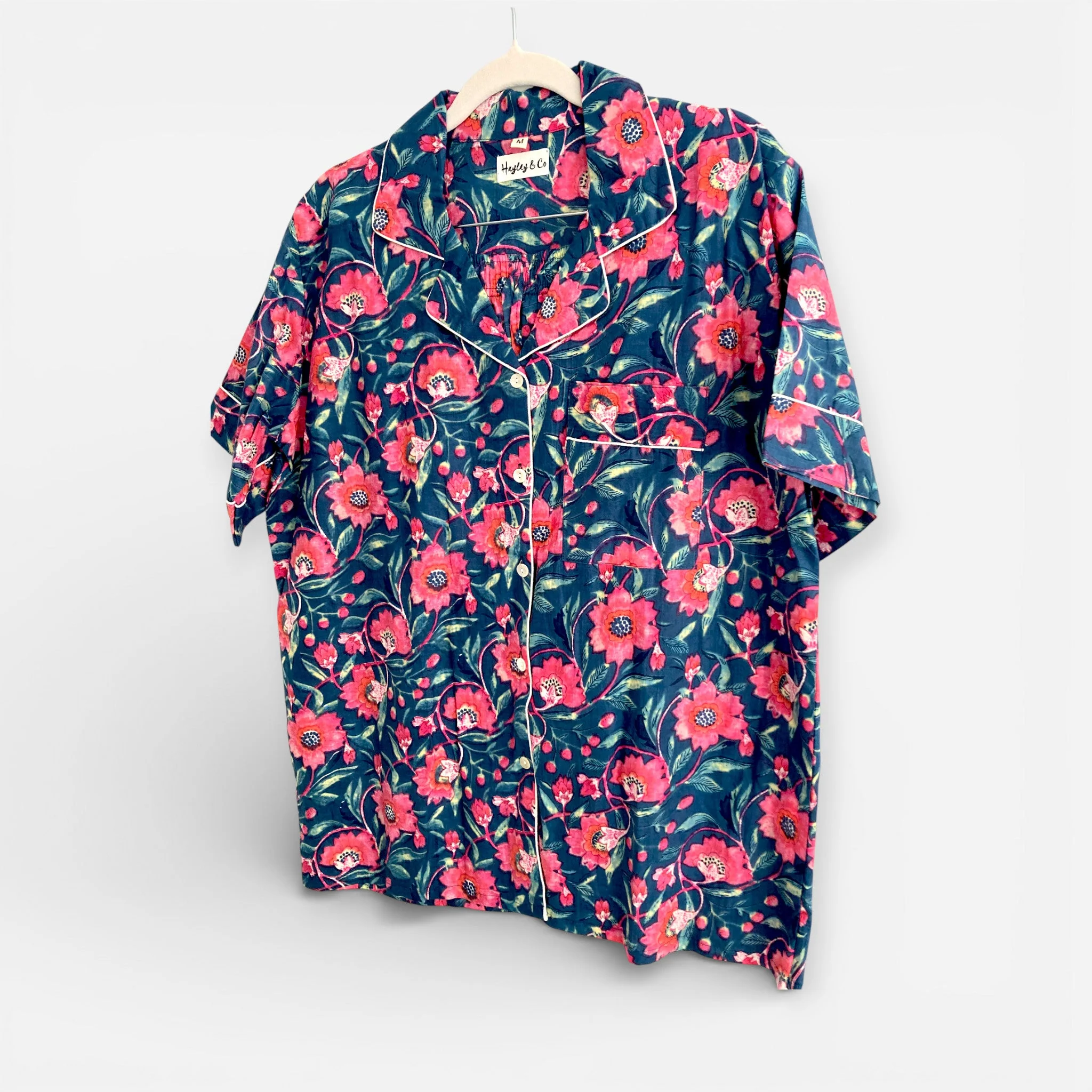 Navy and Pink Block Print Floral 100% Cotton Short Pyjama Set - Image 7