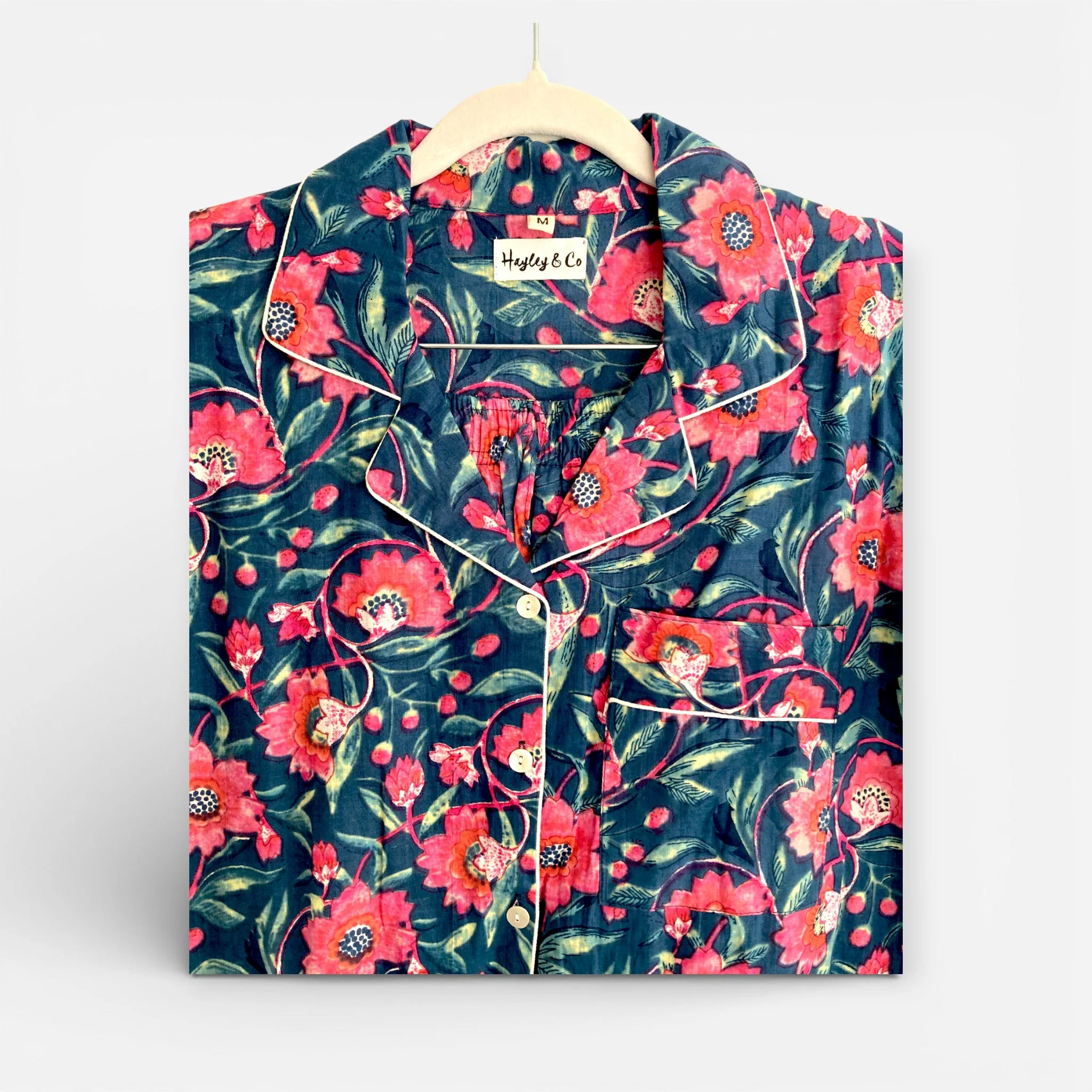 Navy and Pink Block Print Floral 100% Cotton Short Pyjama Set - Image 9
