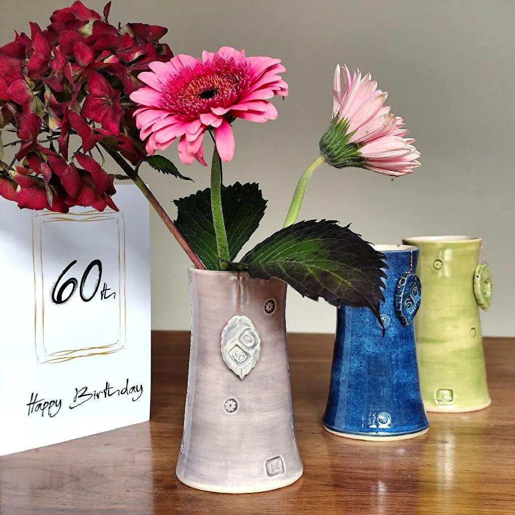 60th Birthday Anniversary Handmade Vase With Ceramic Tag