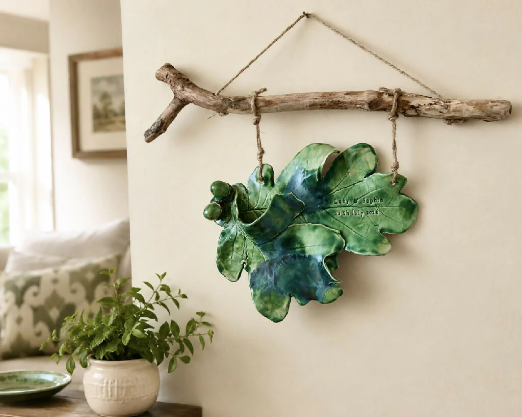Double Oak leaf with acorn sculpture - Hand sculpted Personalised Ceramic Wall Hanging, wedding gift - MADE TO ORDER - Image 11