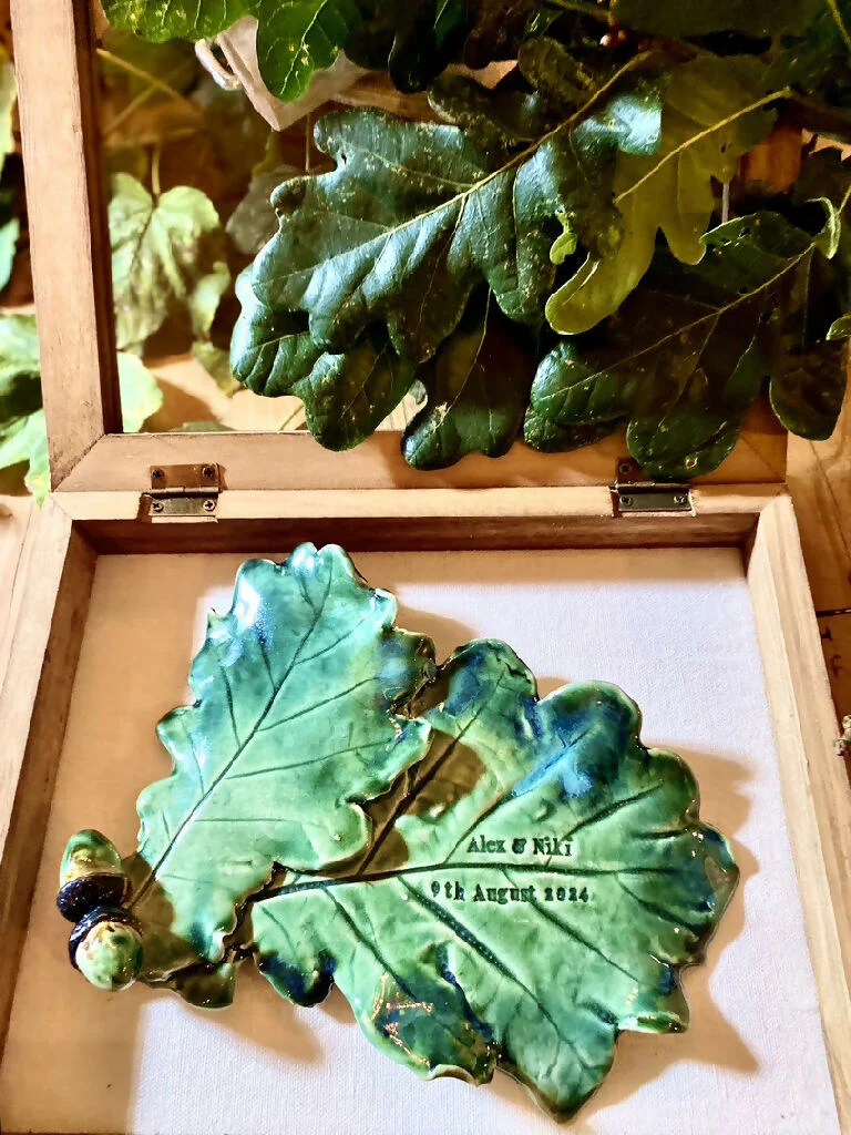 Double Oak leaf with acorn sculpture - Hand sculpted Personalised Ceramic Wall Hanging, wedding gift - MADE TO ORDER - Image 2