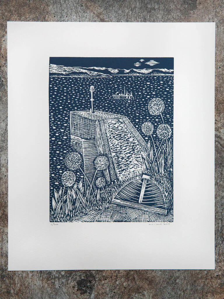 Alliums and Breakwater, The Lugger, Portscatho Lino Print - Image 2
