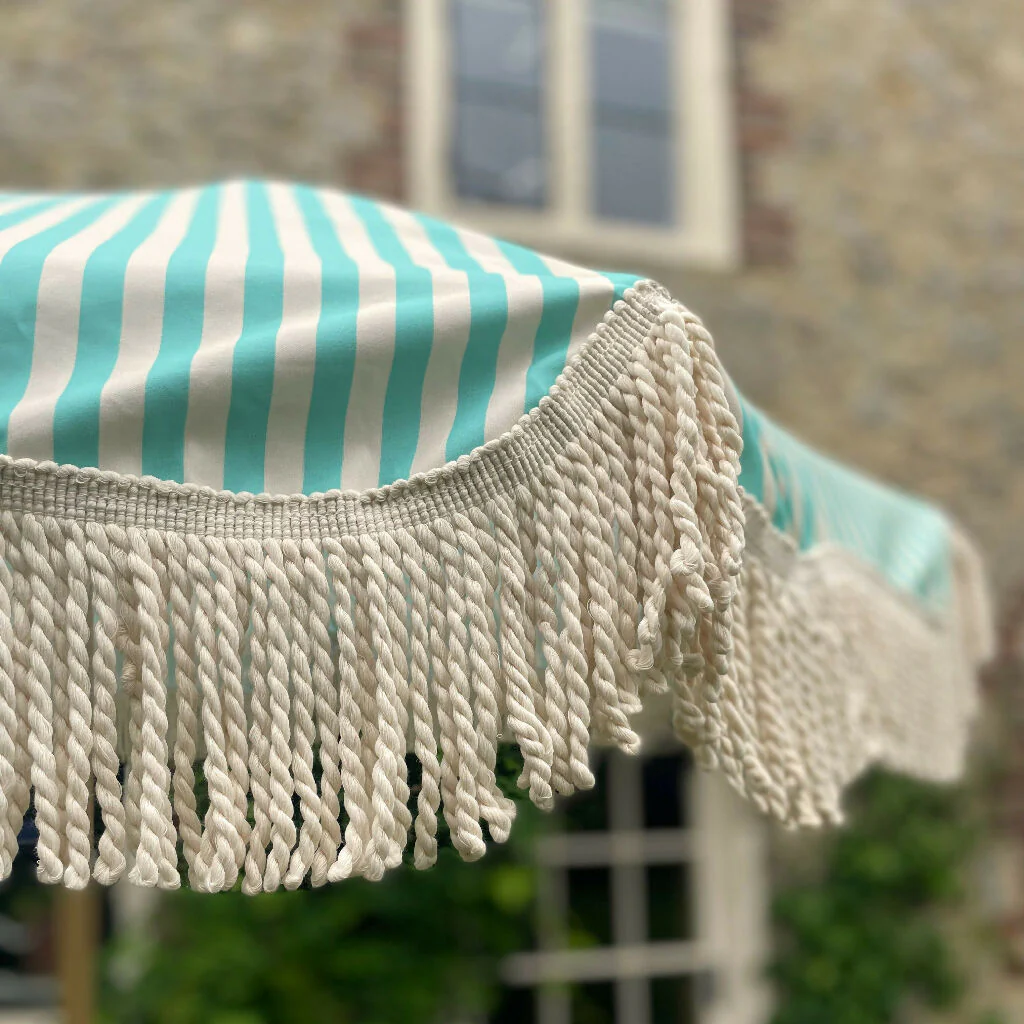 Aquamarine/Antique White Stripe Large Tassel Fringed Outdoor Parasol - Image 8