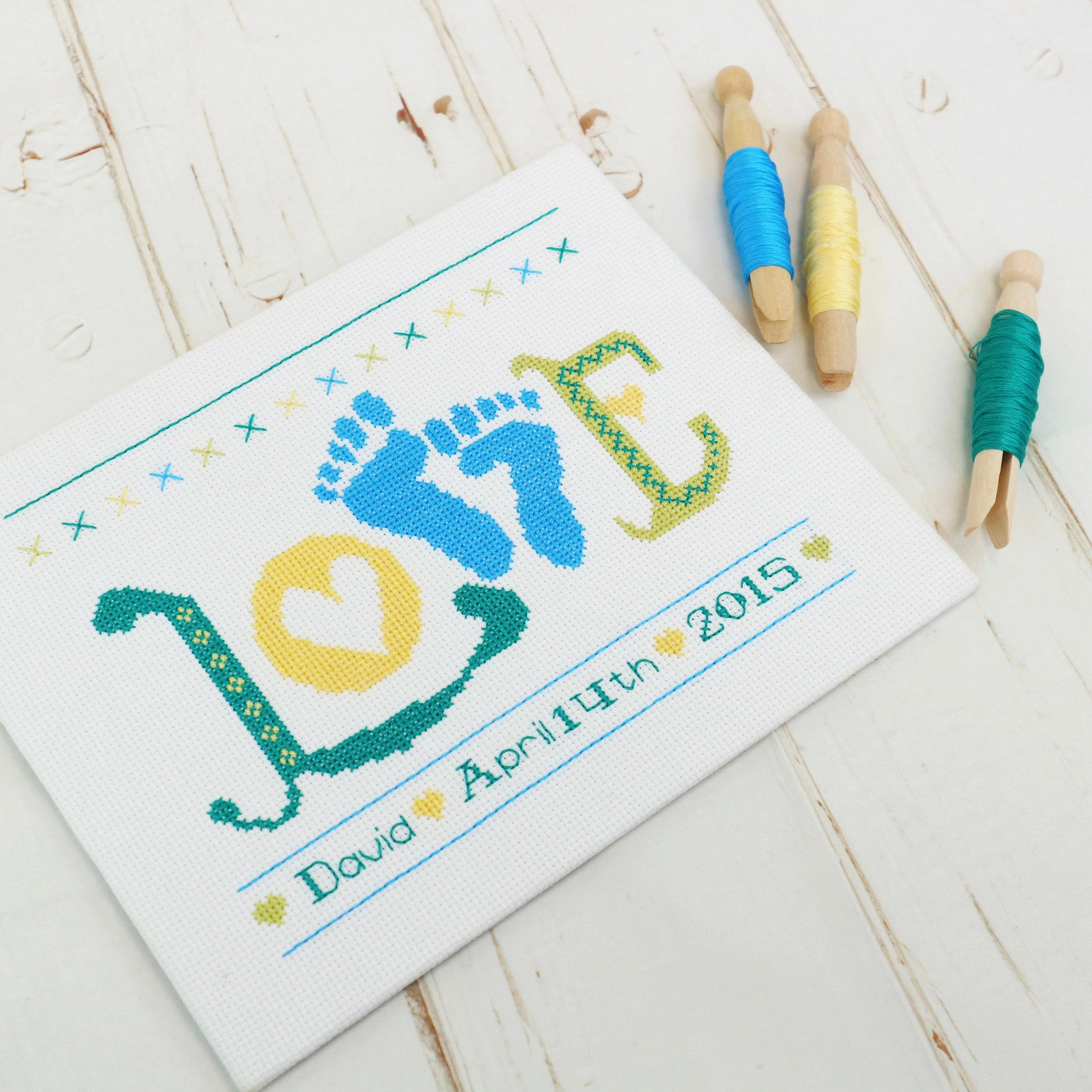 Baby Boy Cross Stitch Kit, 'Love' Baby Feet Sampler
