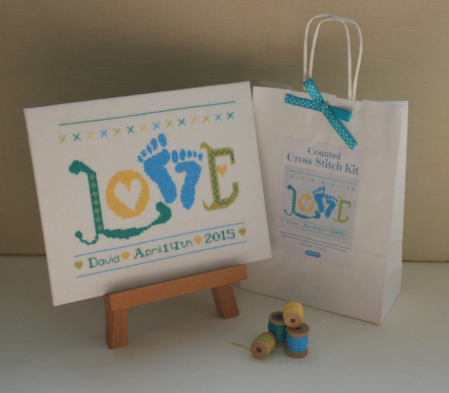 Baby Boy Cross Stitch Kit, 'Love' Baby Feet Sampler - Image 4
