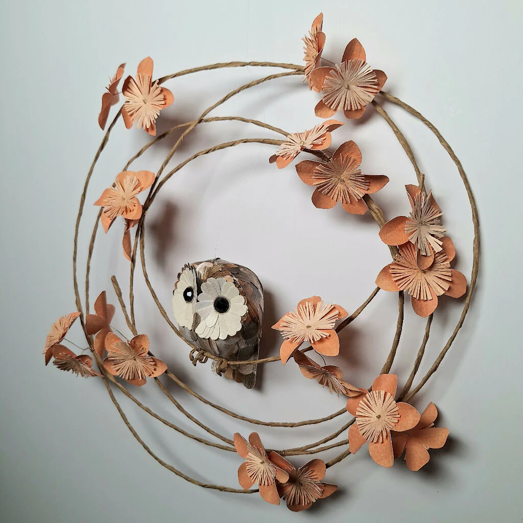 Baby Tawny Owl on a floral wreath paper sculpture - Image 5