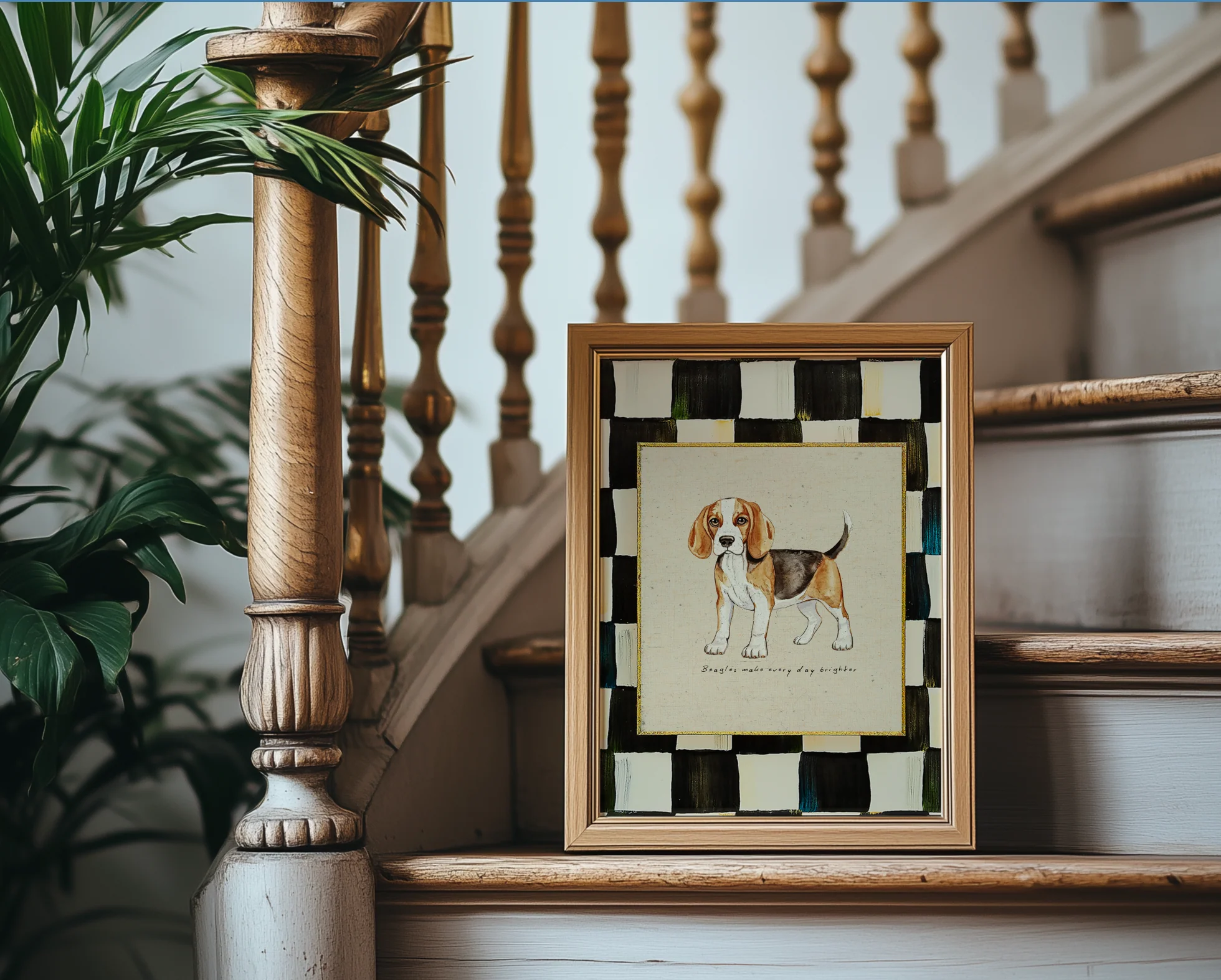 Beagle Dog Print, Black and White Check Wall Art, Beagle Illustration, Dog Lover Artwork - Image 2