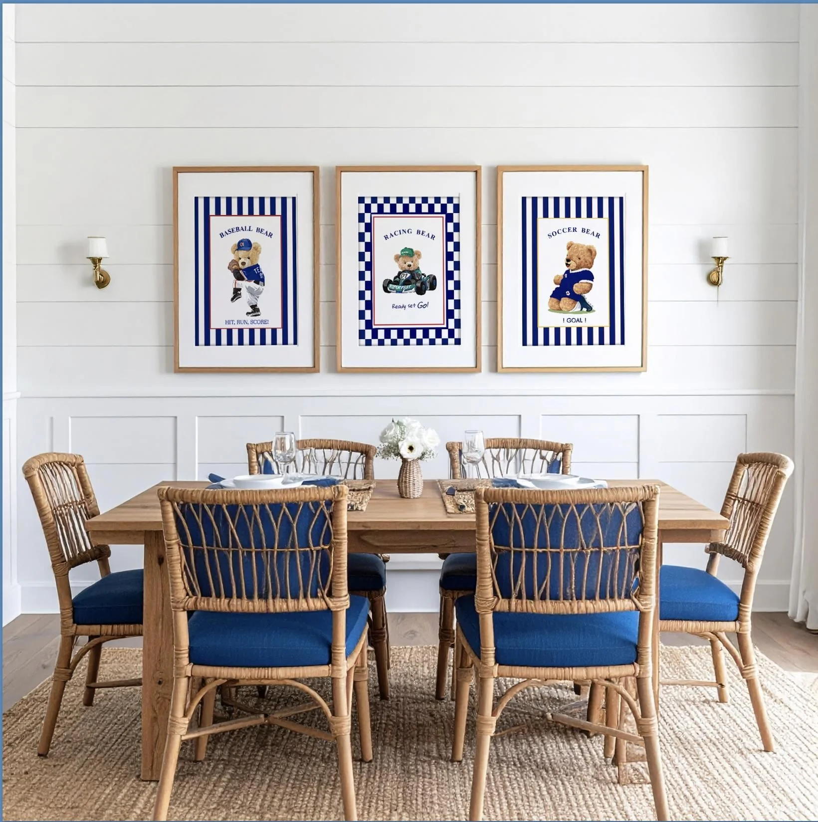 Bear Wall Art Set of 3 Striped Artwork Sport Themed Prints