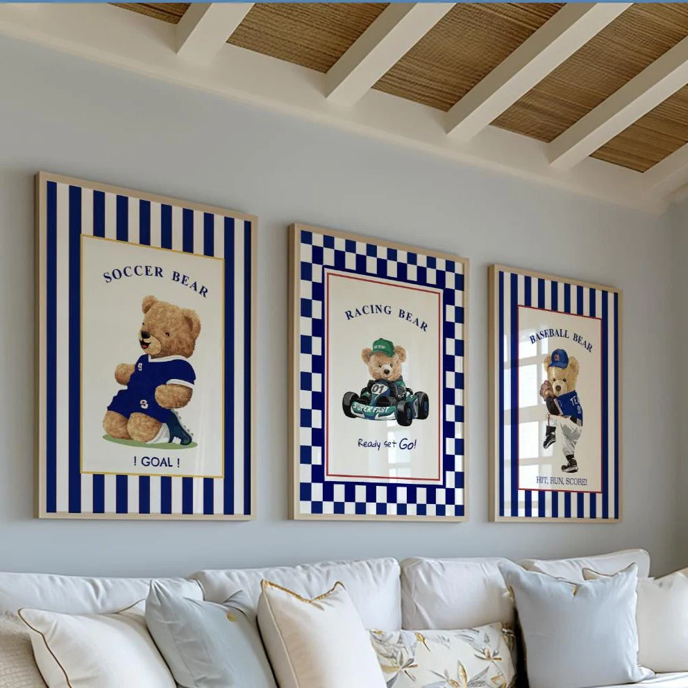 Bear Wall Art Set of 3 Striped Artwork Sport Themed Prints - Image 2