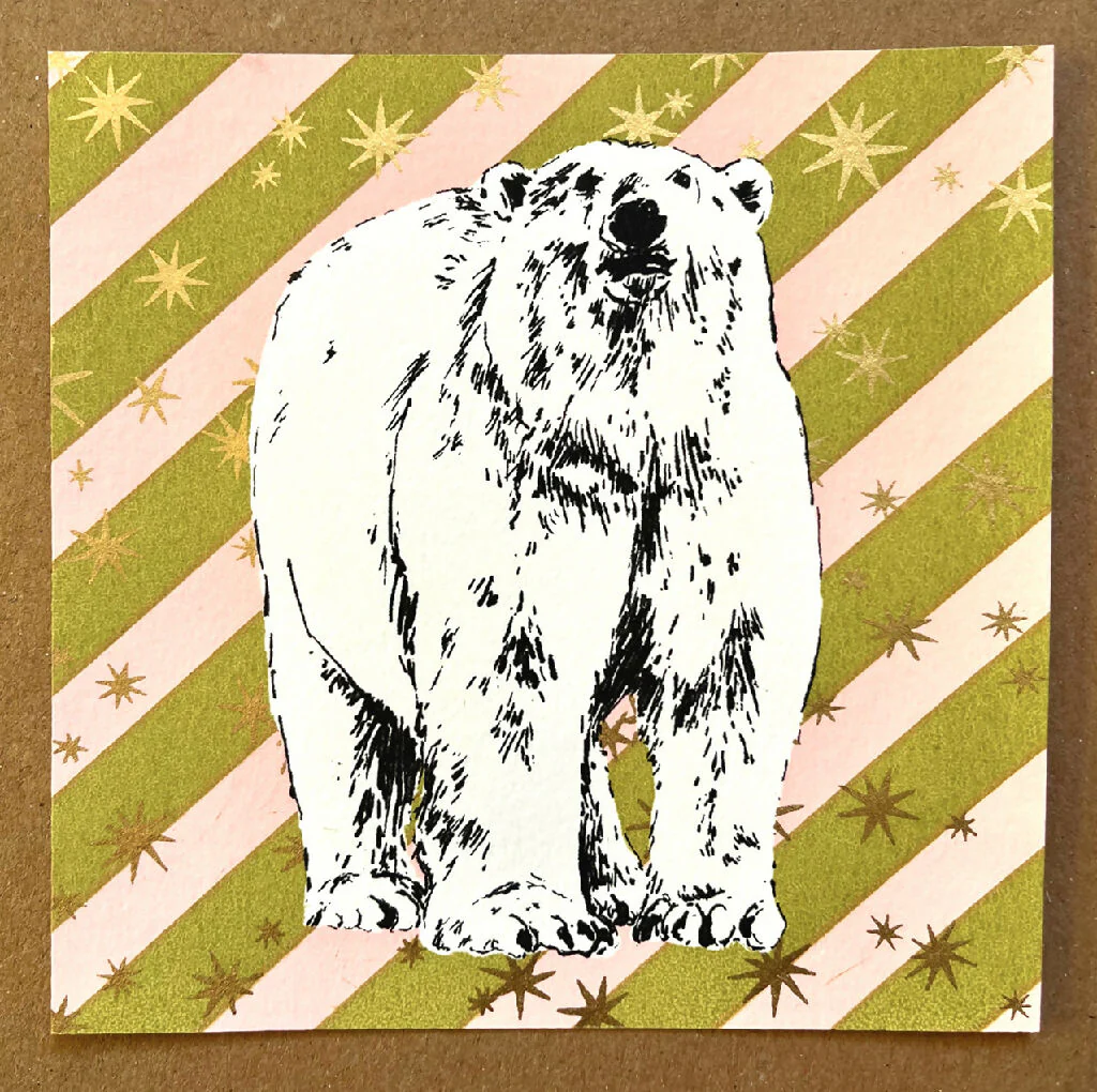 Bear with Candy Stripes, Hand Screenprinted Christmas Card - Image 2