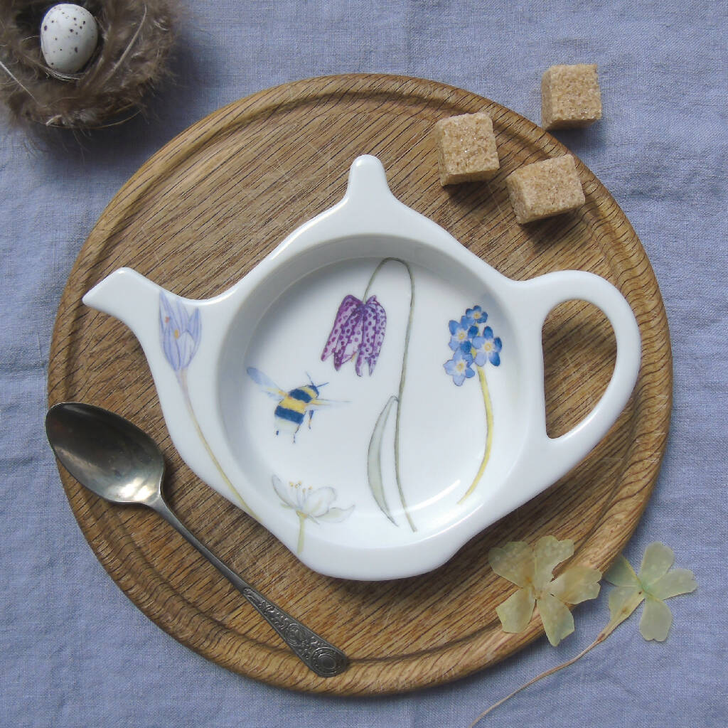 Bee and Spring Flower Bone China Teabag Tidy - Image 2