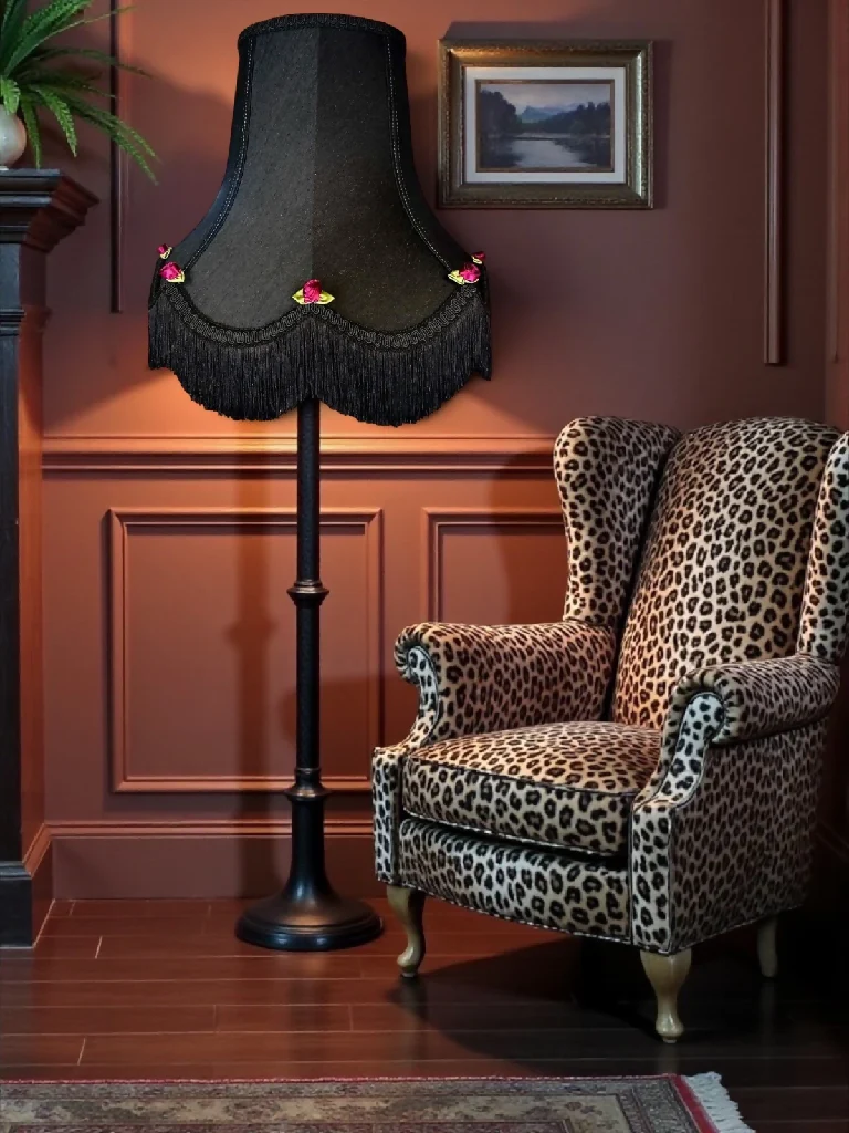 Bespoke handmade black fabric lampshades with red rose buds and green leaves - Available in 8 sizes - Image 3