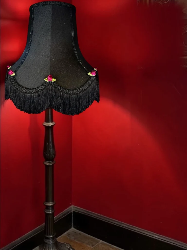 Bespoke handmade black fabric lampshades with red rose buds and green leaves - Available in 8 sizes - Image 8