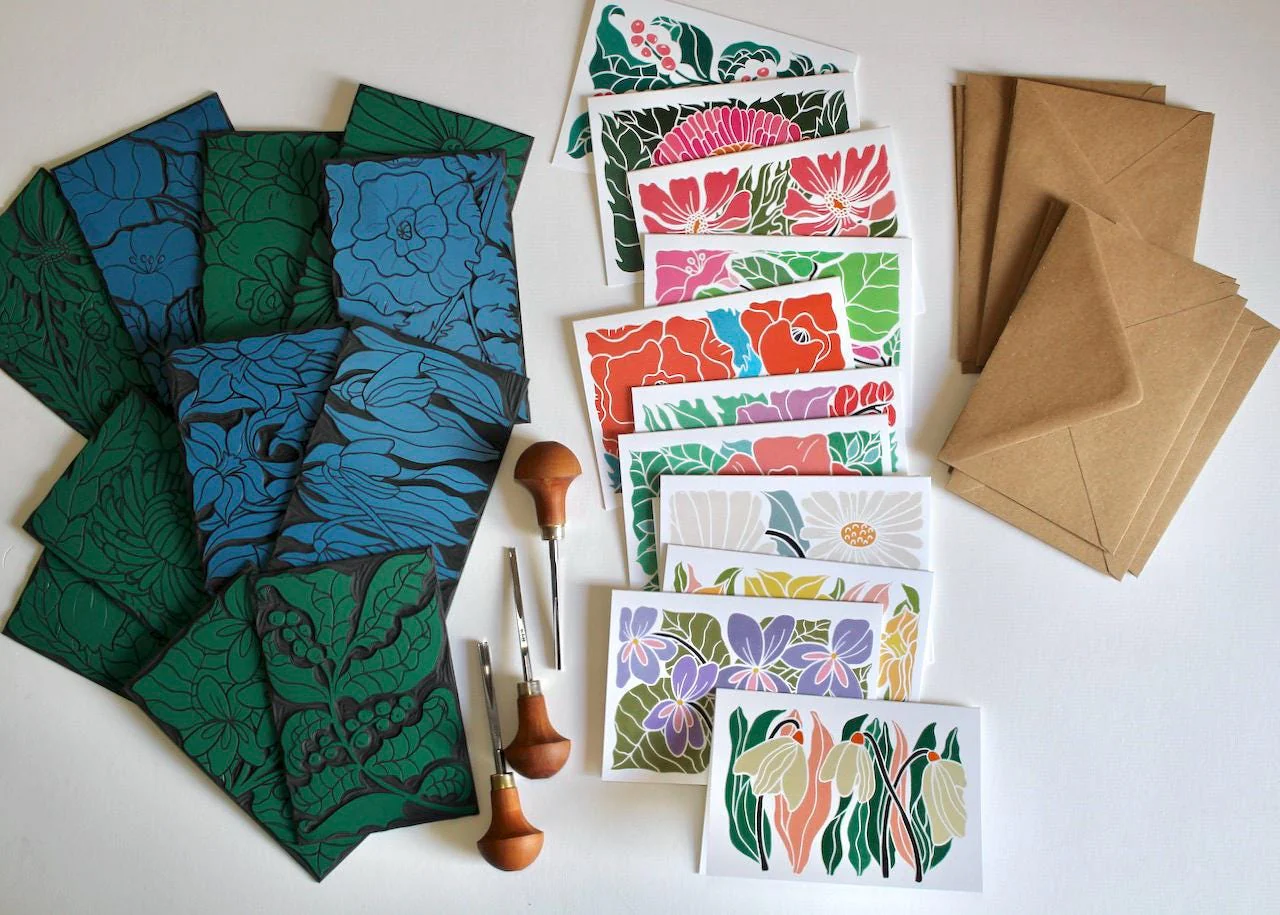 Birth Flower Linocut Note Cards | Set of 12 Notecards & envelopes