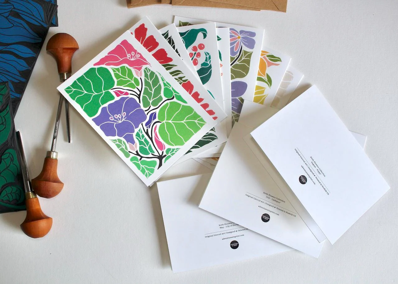 Birth Flower Linocut Note Cards | Set of 12 Notecards & envelopes - Image 9