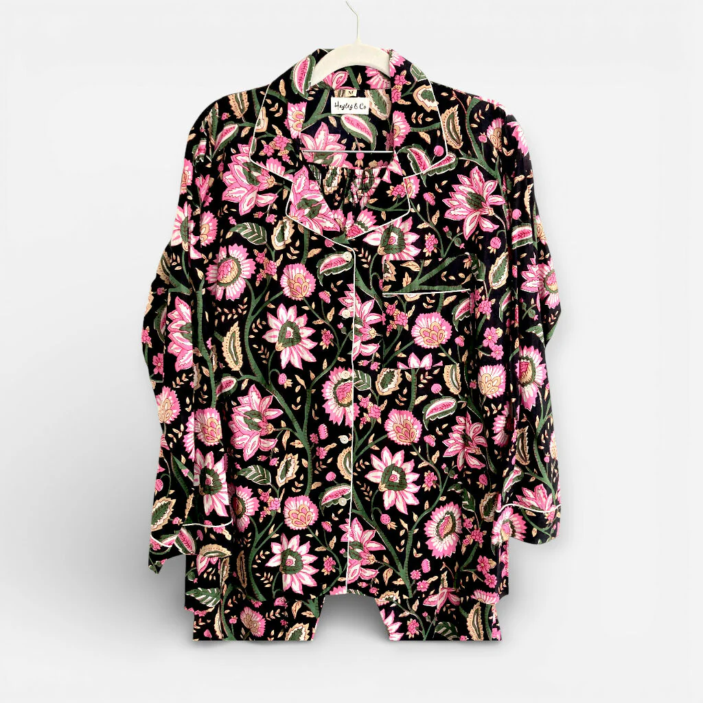 Black and Pink Block Print Floral 100% Cotton Long Pyjama Set - Image 8