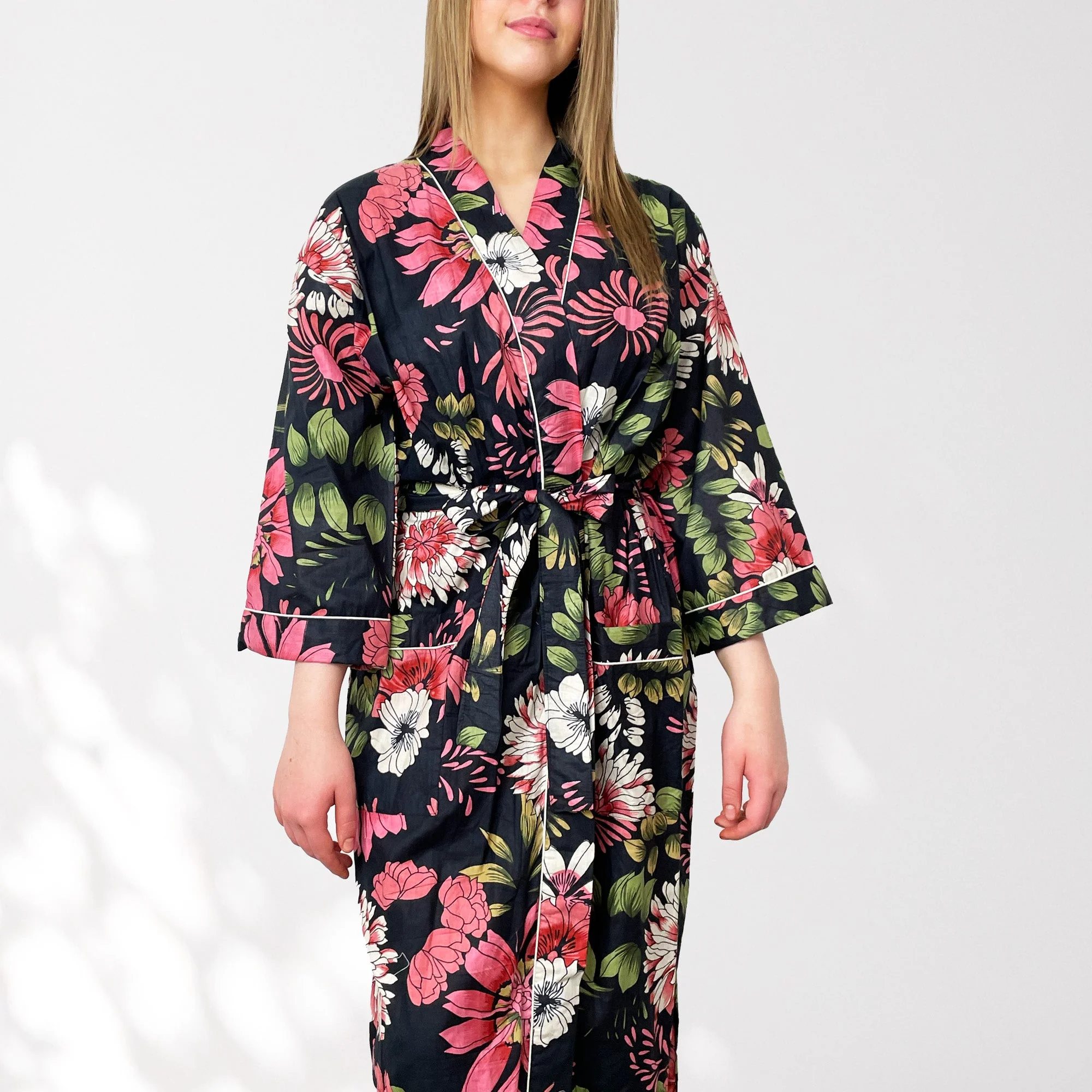 Black and Pink Flower Print 100% Cotton Dressing Gown