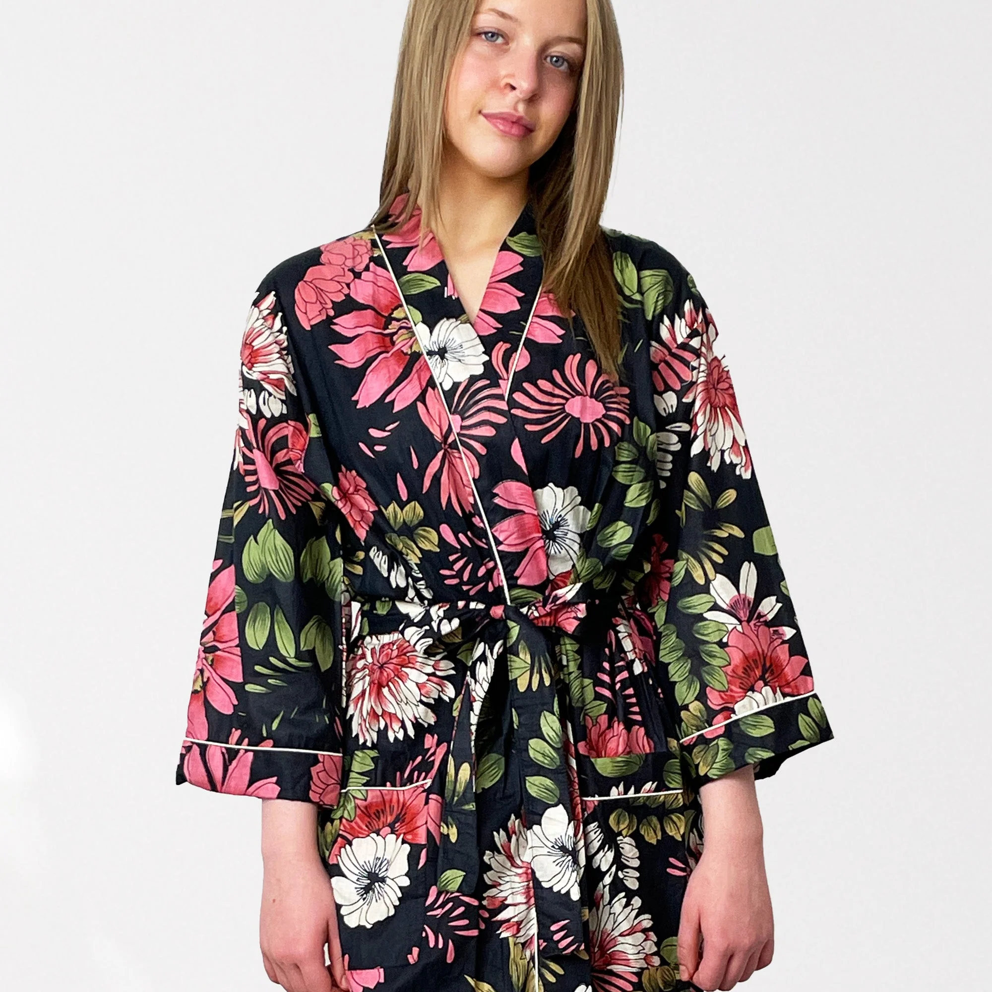 Black and Pink Flower Print 100% Cotton Dressing Gown - Image 2