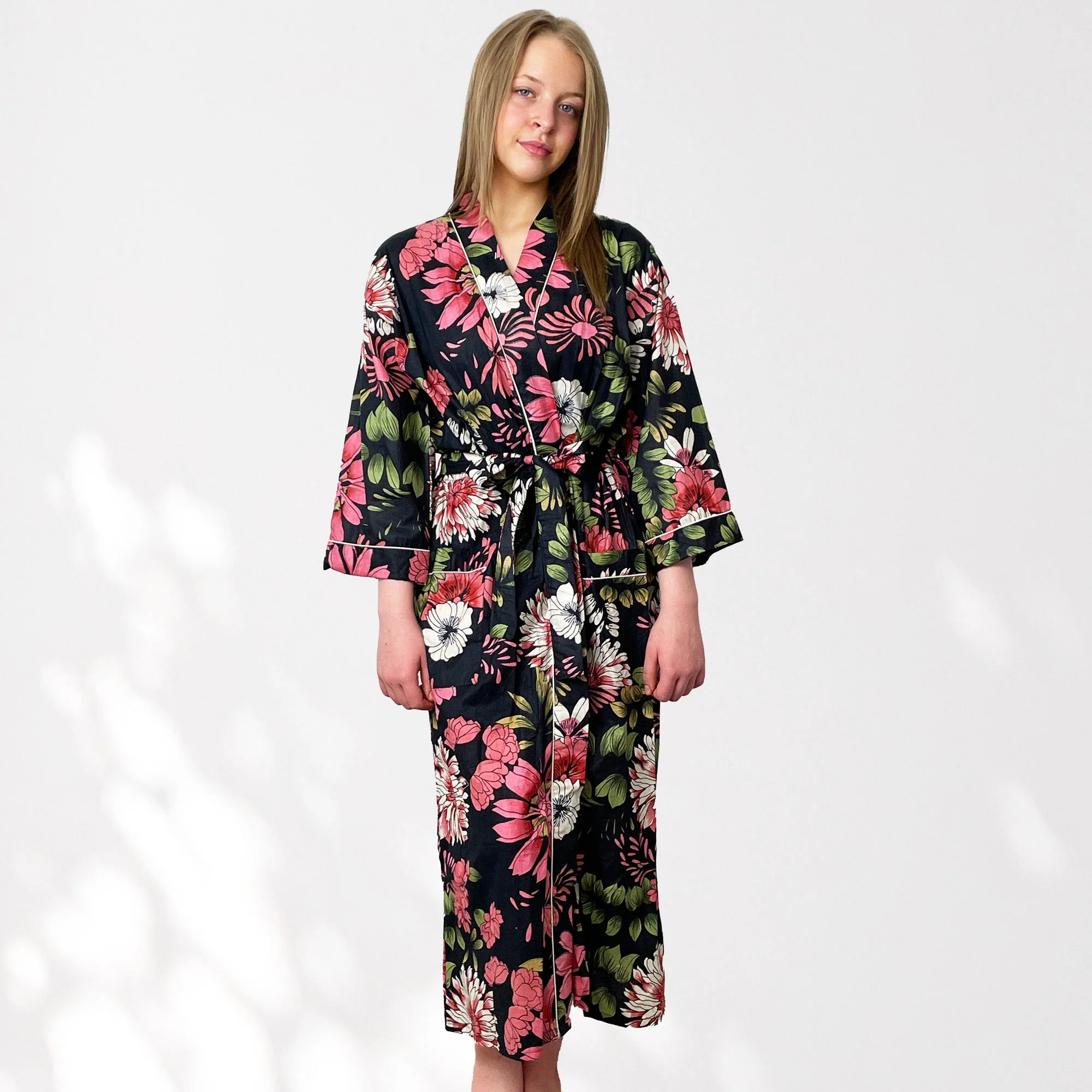 Black and Pink Flower Print 100% Cotton Dressing Gown - Image 3
