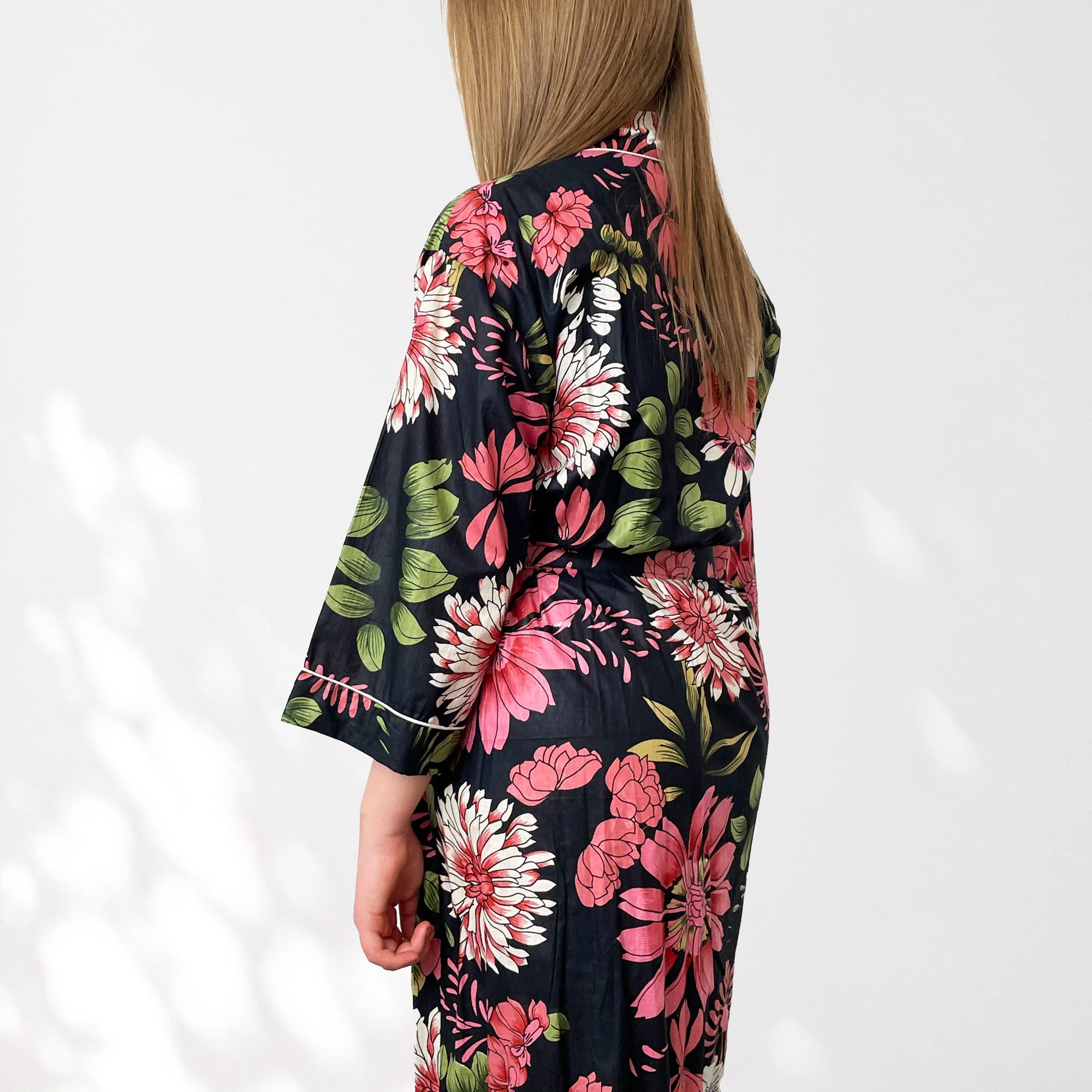 Black and Pink Flower Print 100% Cotton Dressing Gown - Image 5