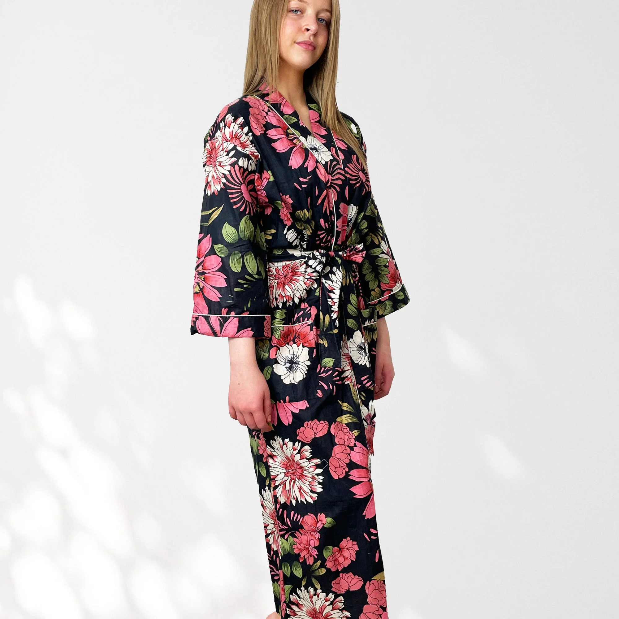 Black and Pink Flower Print 100% Cotton Dressing Gown - Image 6