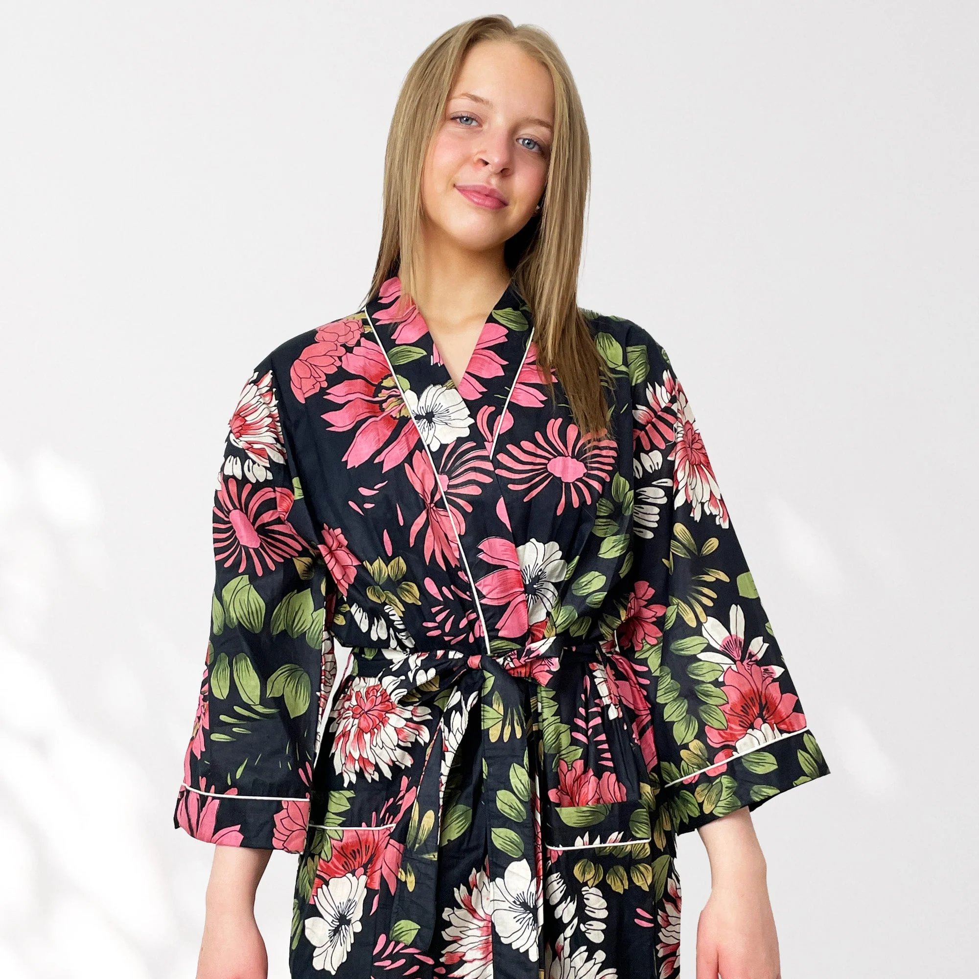 Black and Pink Flower Print 100% Cotton Dressing Gown - Image 7
