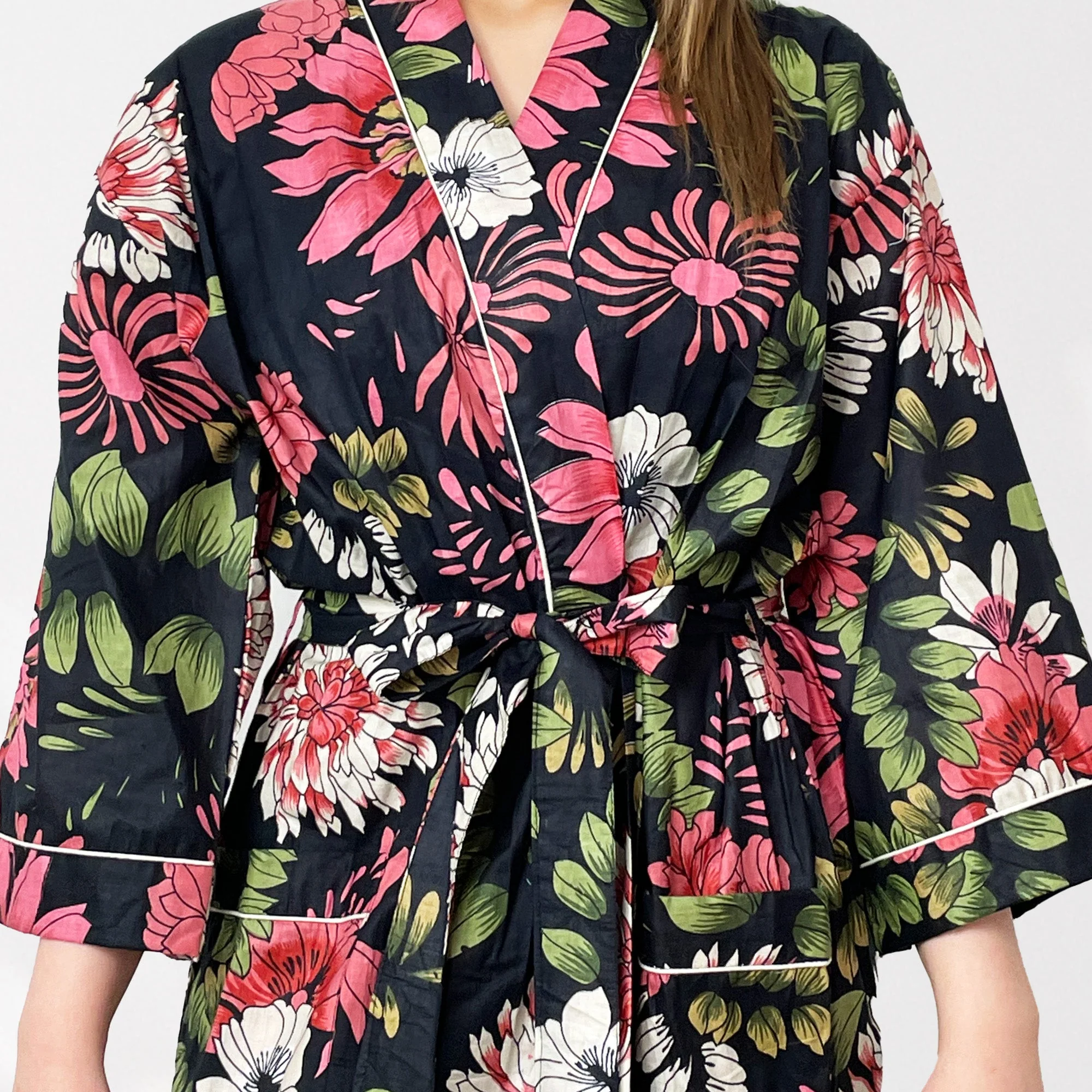 Black and Pink Flower Print 100% Cotton Dressing Gown - Image 8