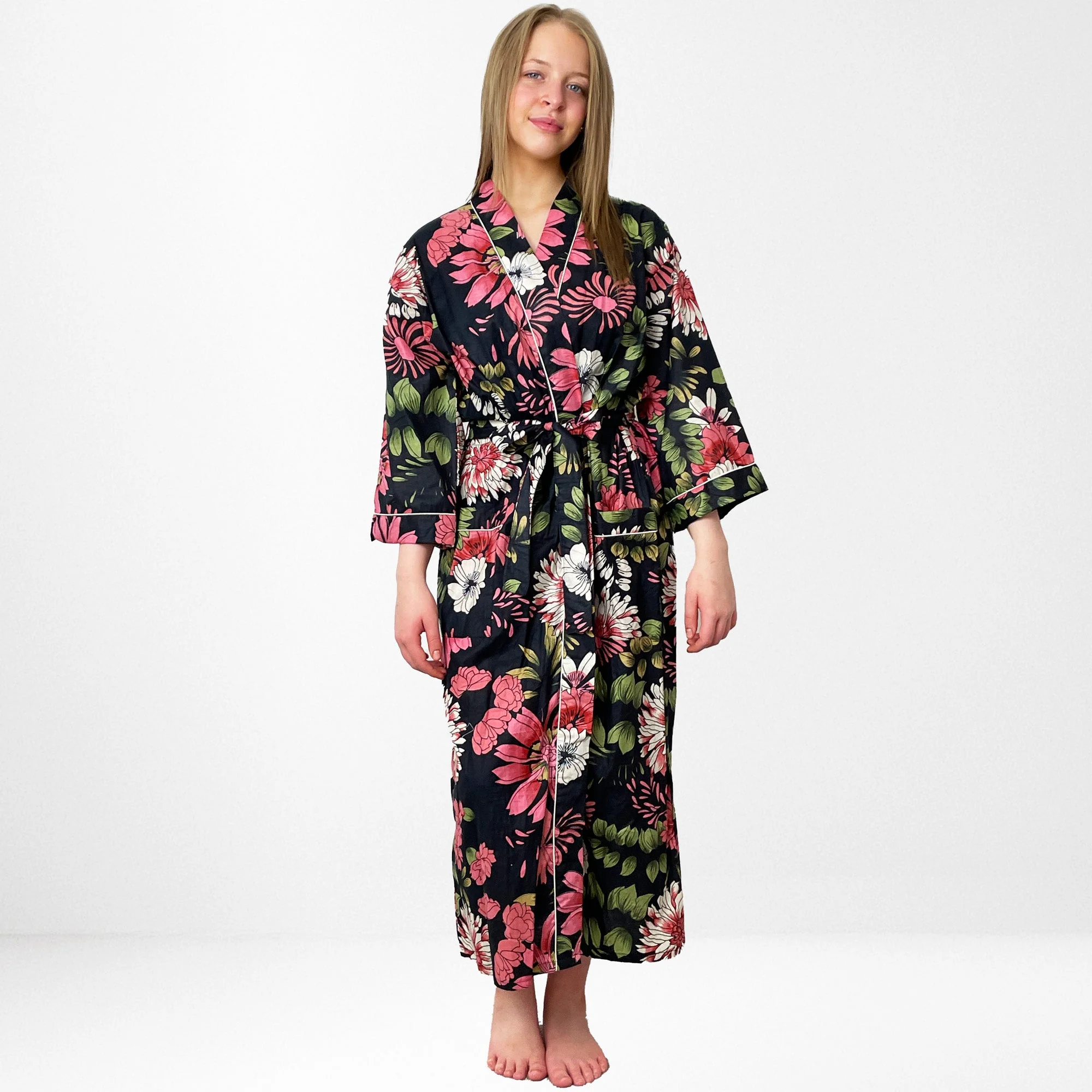 Black and Pink Flower Print 100% Cotton Dressing Gown - Image 9