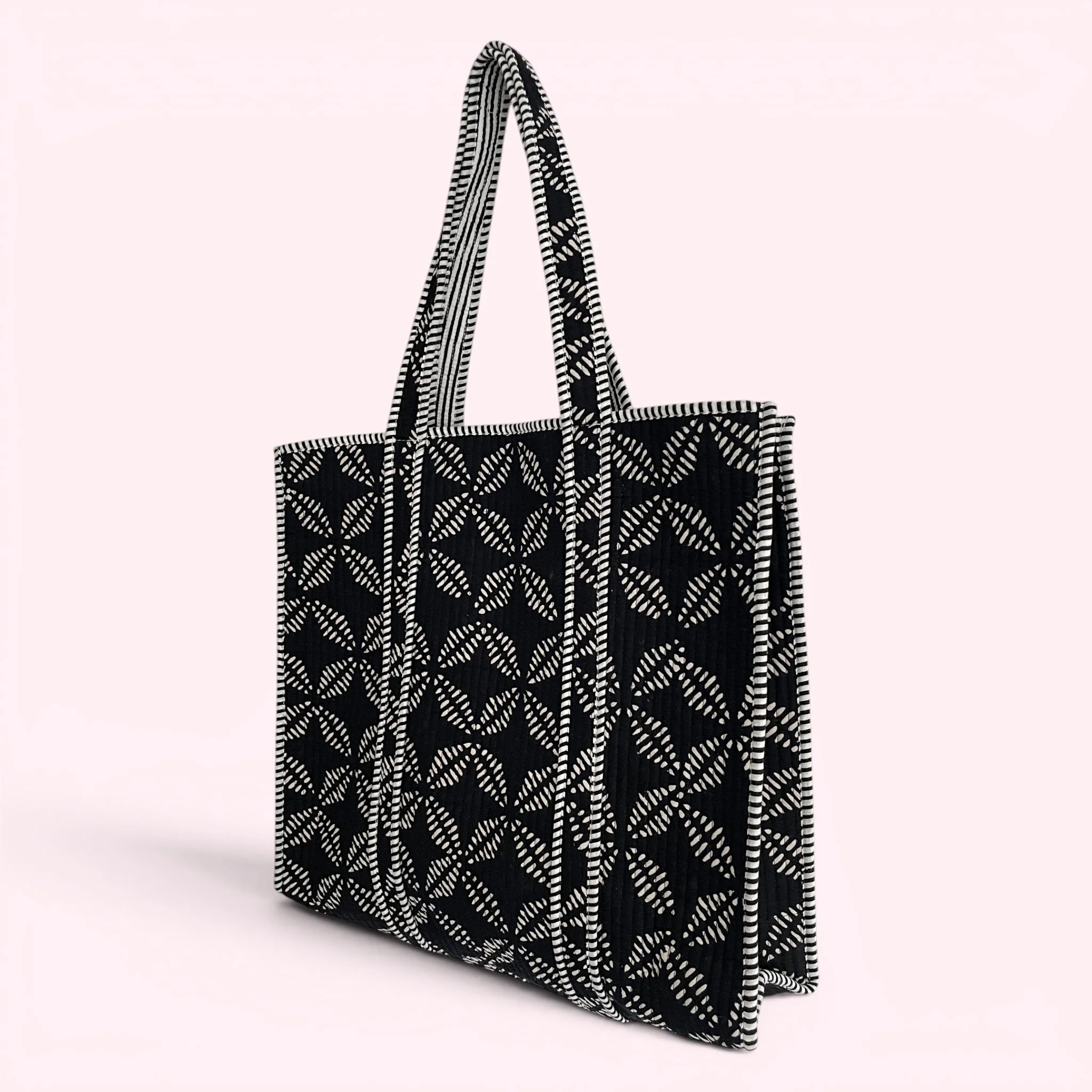 Black and White Geometric Print Quilted Cotton Tote Bag - Image 3