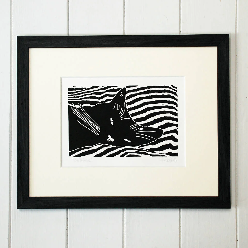 Black Cat - 'Bedtime' - Personalised Original Linocut Print - Other Black Cat Prints Available