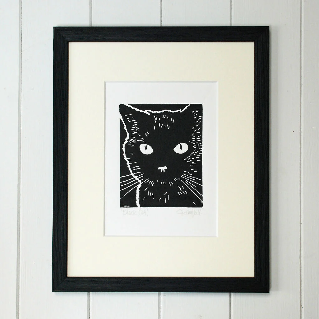Black Cat - 'Bedtime' - Personalised Original Linocut Print - Other Black Cat Prints Available - Image 2