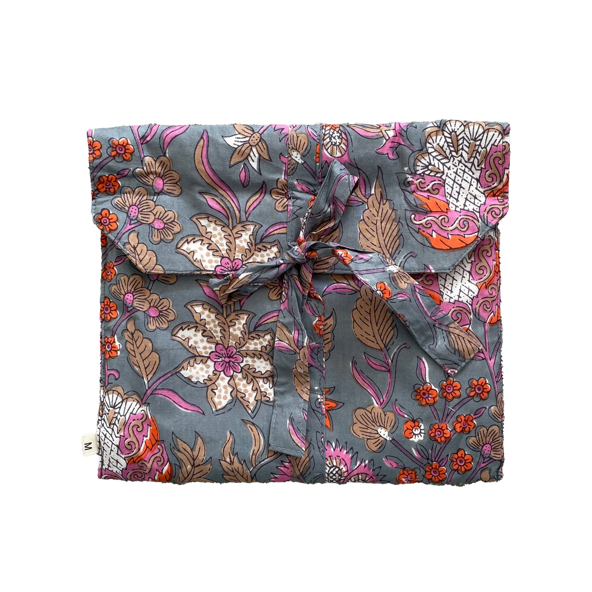 Block Print Floral 100% Cotton Long Pyjama Set in Grey and Pink - Image 3