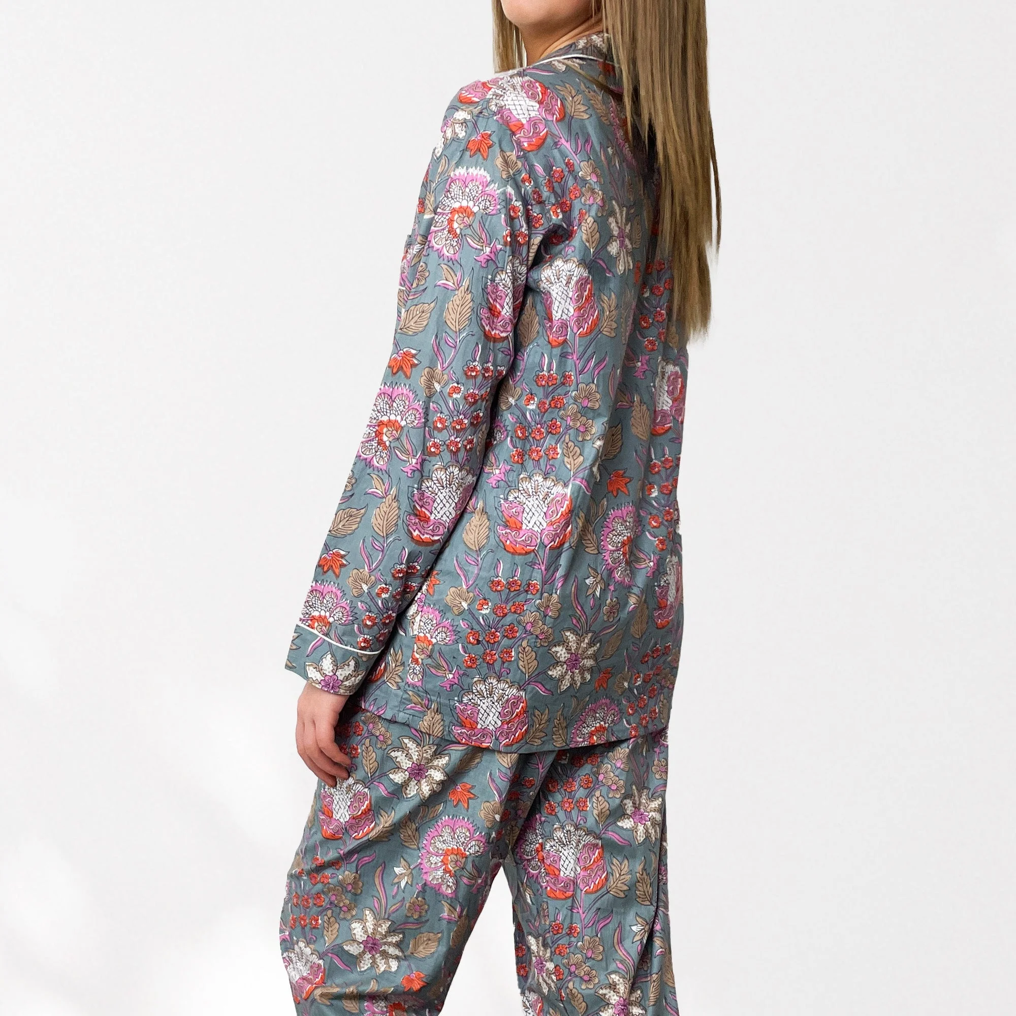 Block Print Floral 100% Cotton Long Pyjama Set in Grey and Pink - Image 6