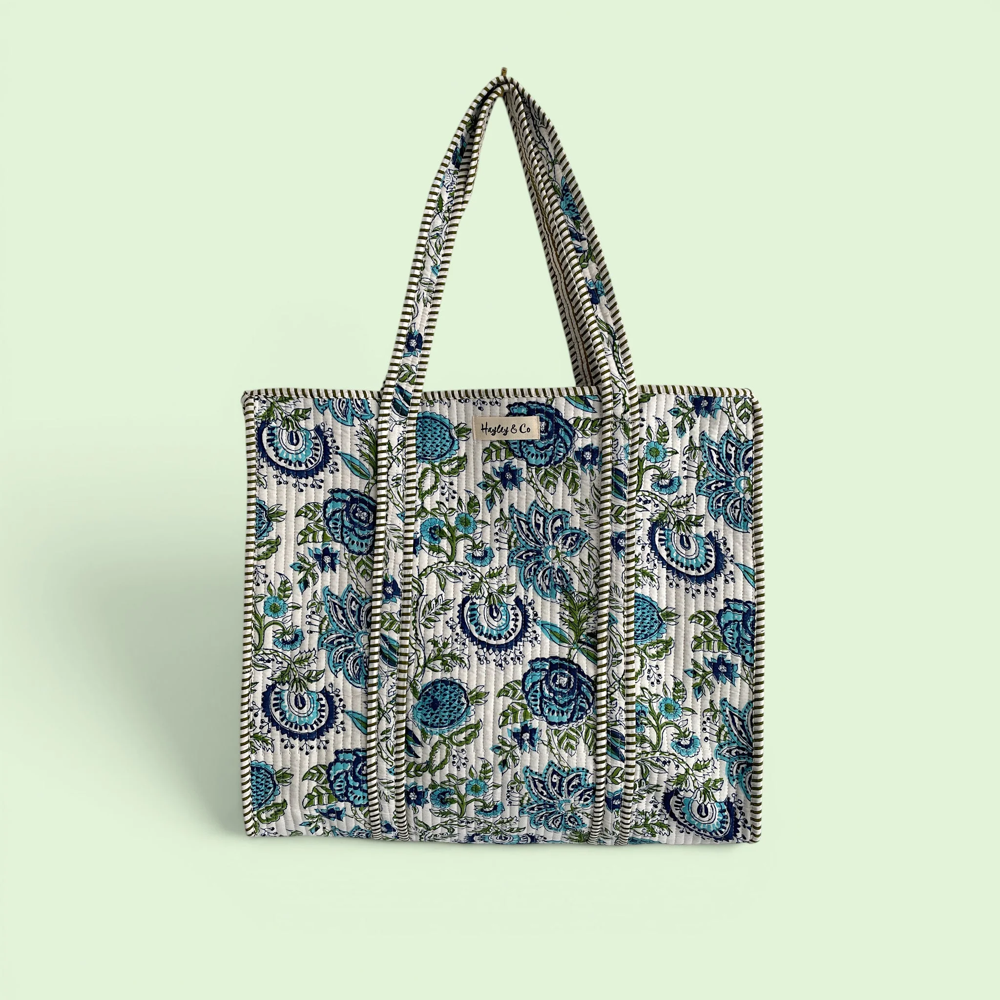 Blue and Green Floral Quilted Cotton Tote Bag - Image 2