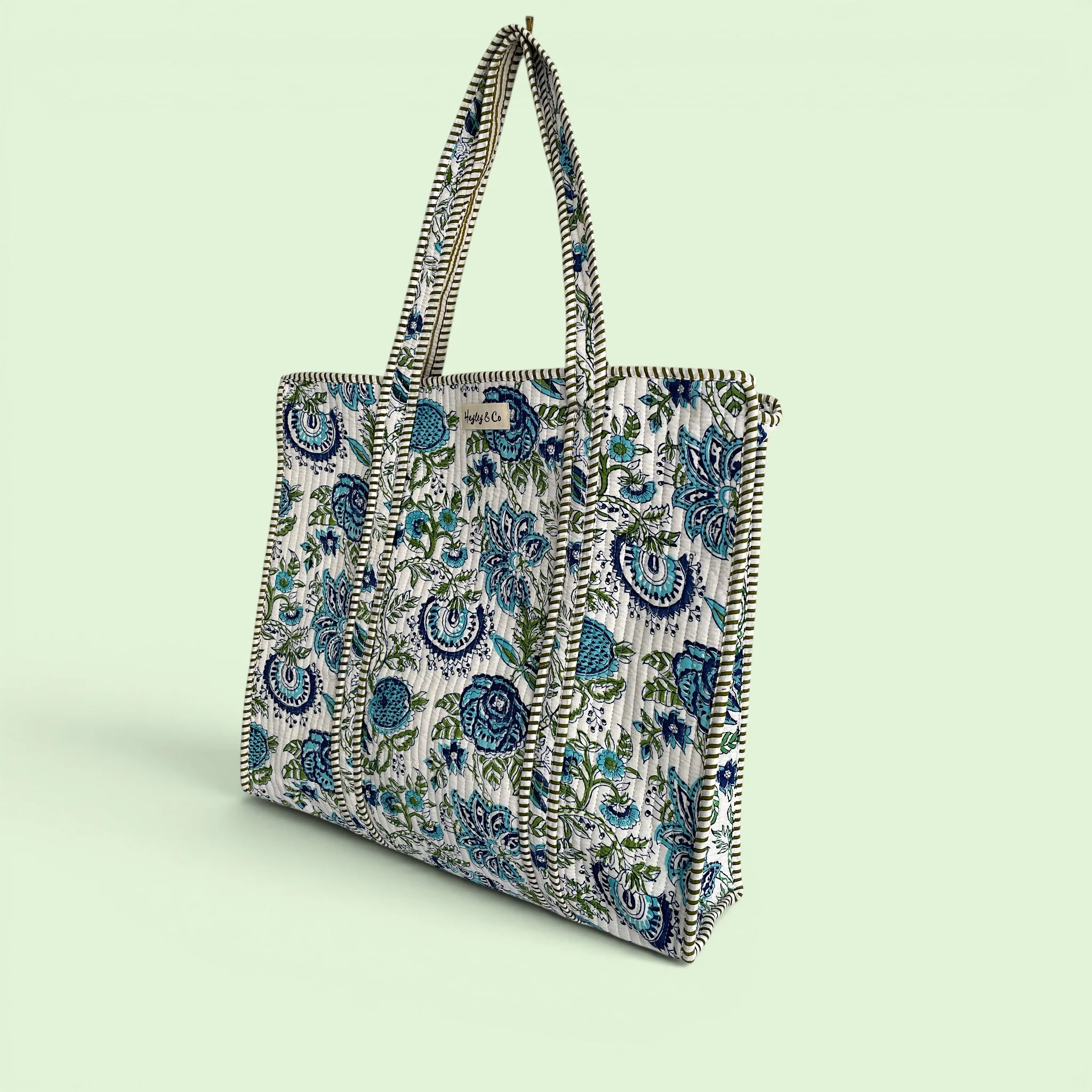 Blue and Green Floral Quilted Cotton Tote Bag - Image 3