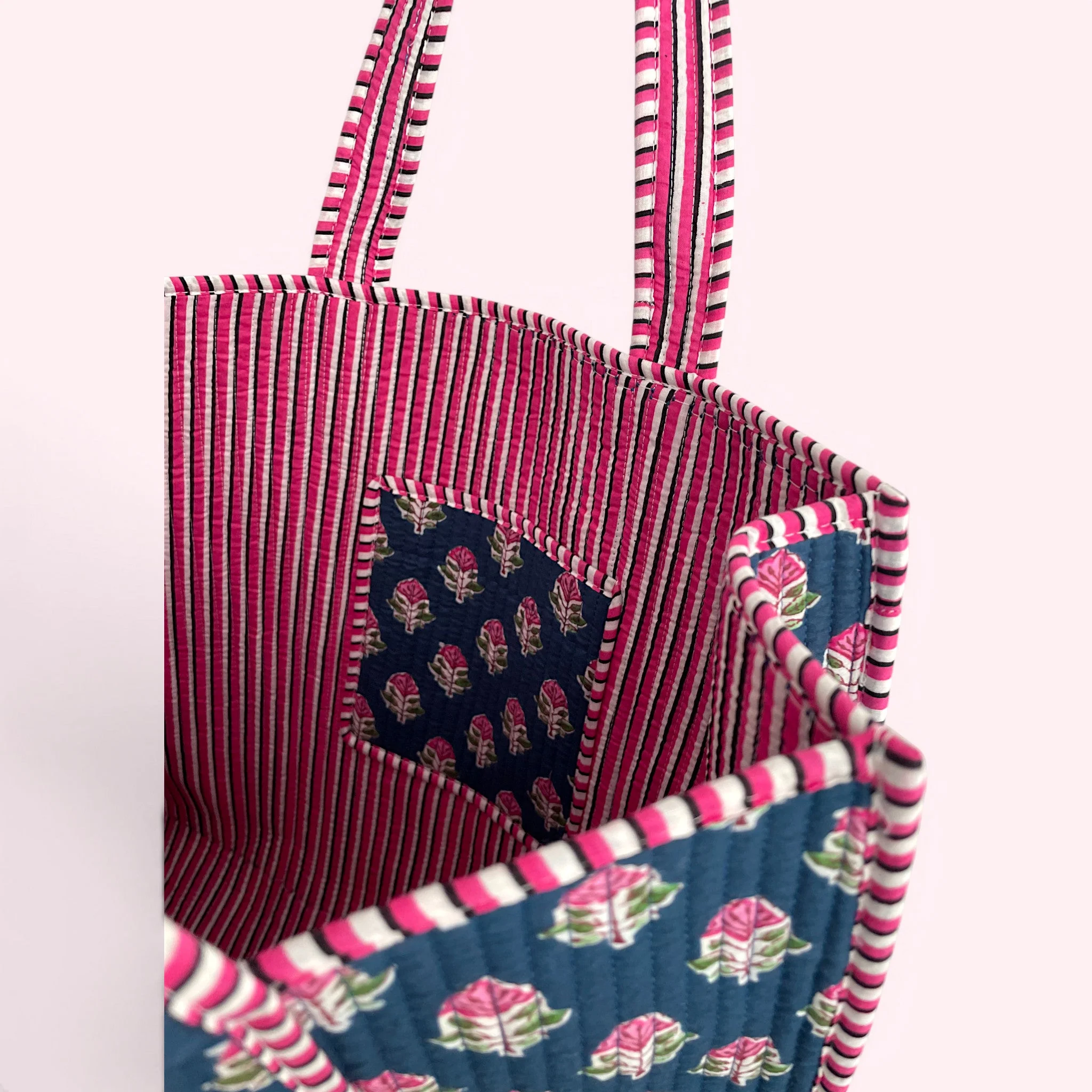 Blue and Pink Ditsy Floral Quilted Cotton Tote Bag