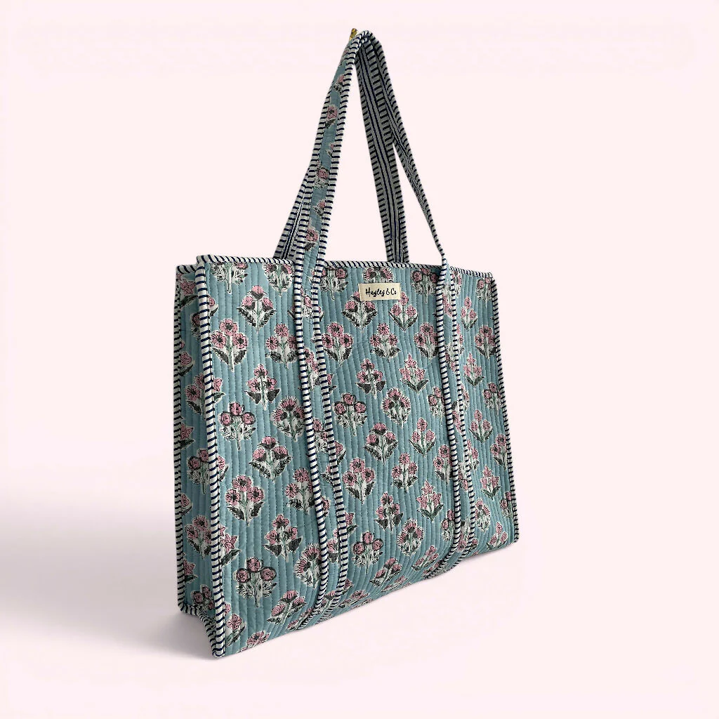 Blue and Pink Ditsy Floral Quilted Cotton Tote Bag - Image 2
