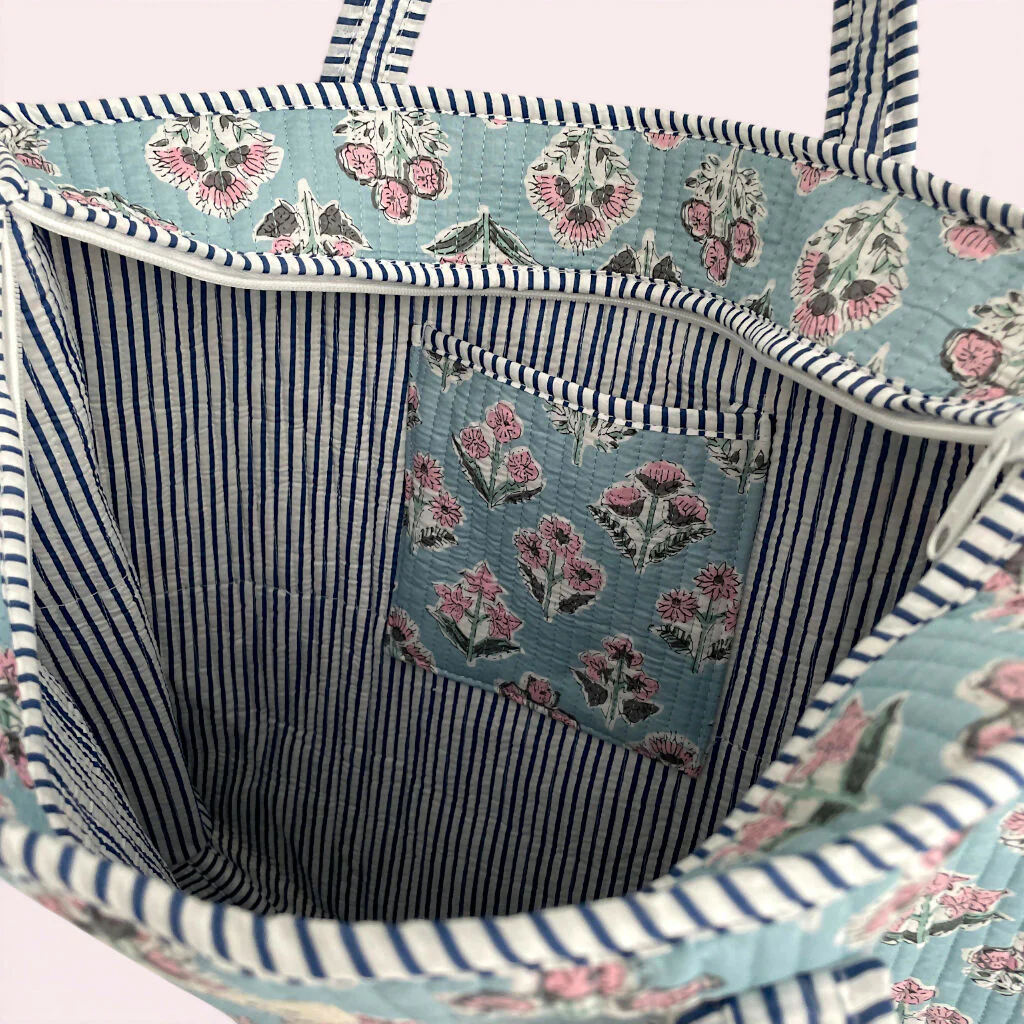 Blue and Pink Ditsy Floral Quilted Cotton Tote Bag - Image 5