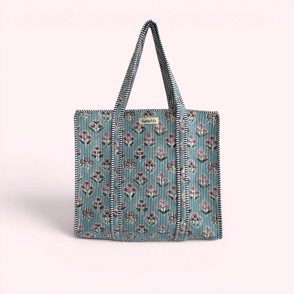 Blue and Pink Ditsy Floral Quilted Cotton Tote Bag - Image 6