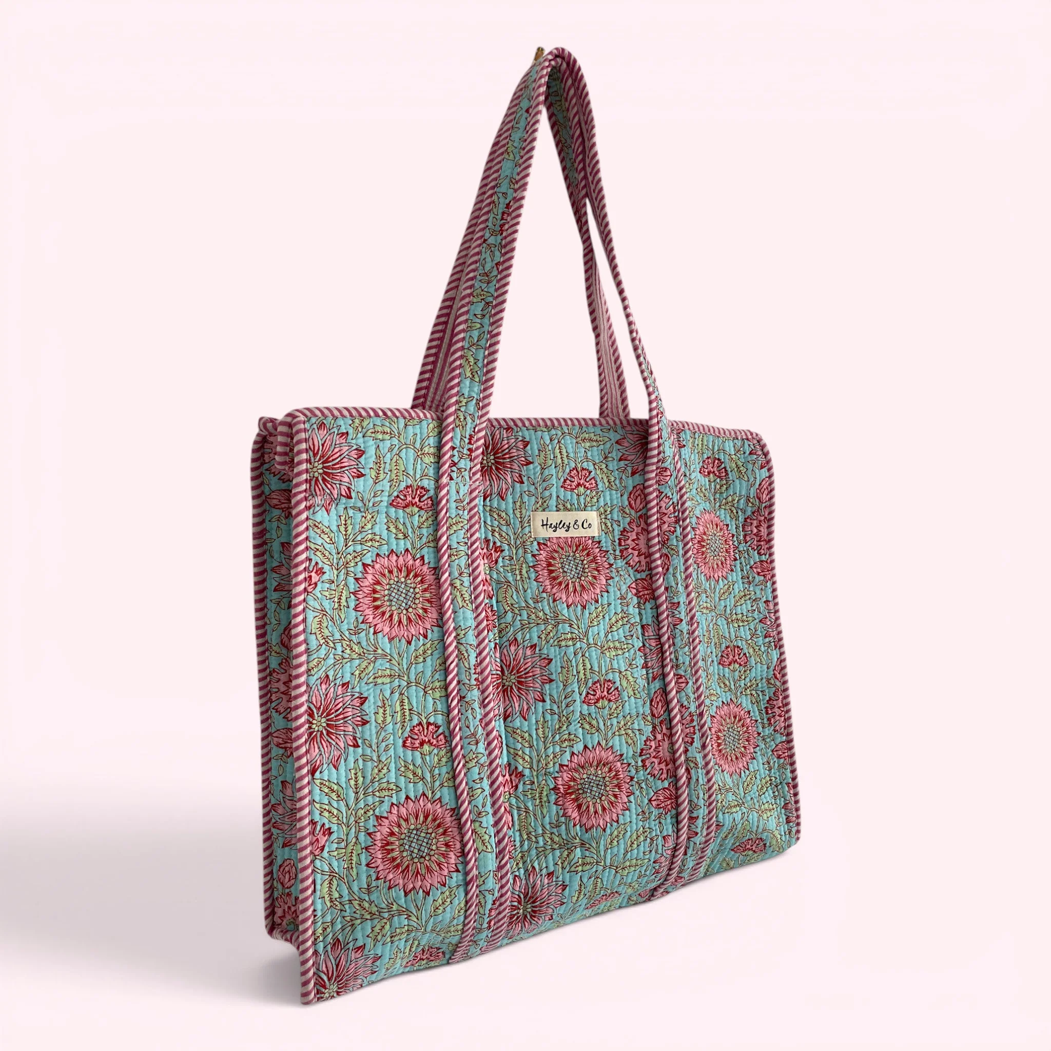 Blue and Pink Floral Quilted Cotton Tote Bag