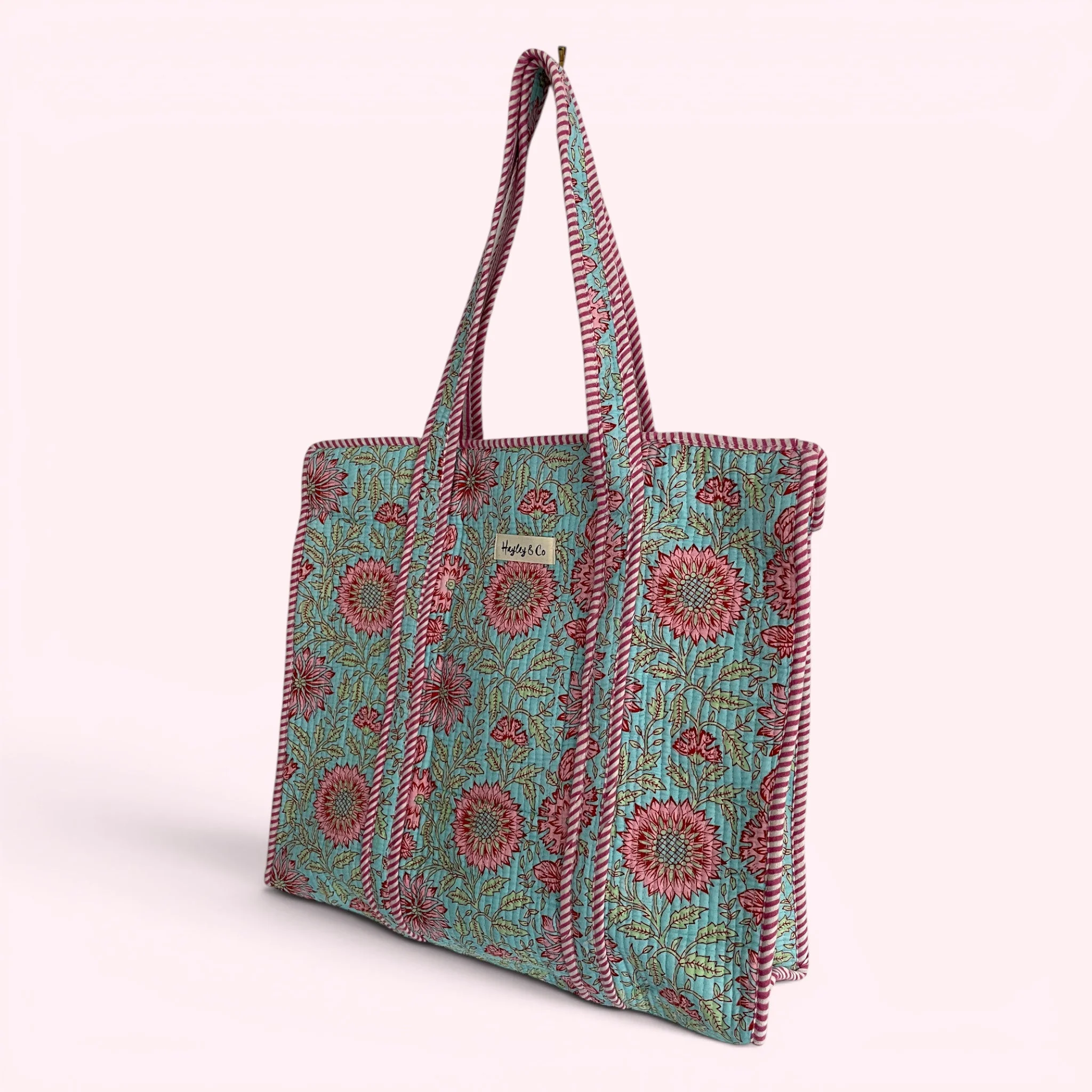 Blue and Pink Floral Quilted Cotton Tote Bag - Image 2