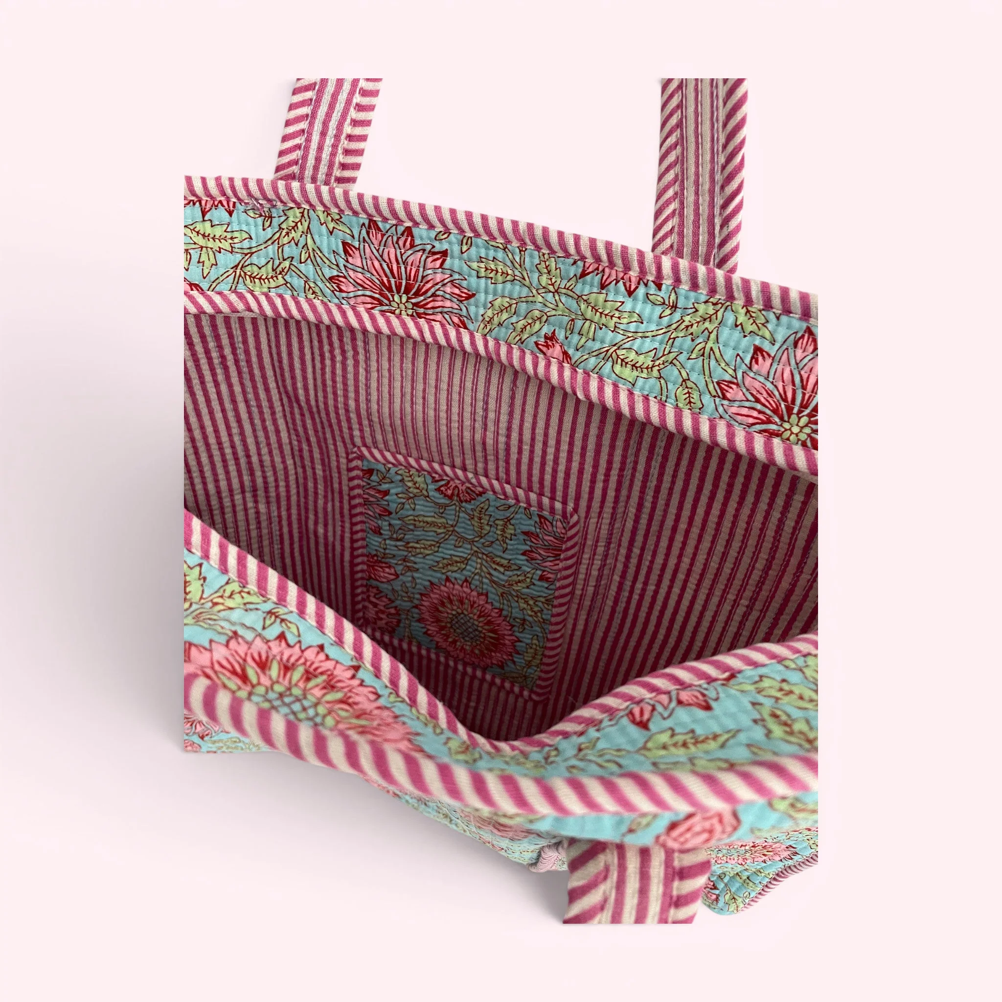Blue and Pink Floral Quilted Cotton Tote Bag - Image 3