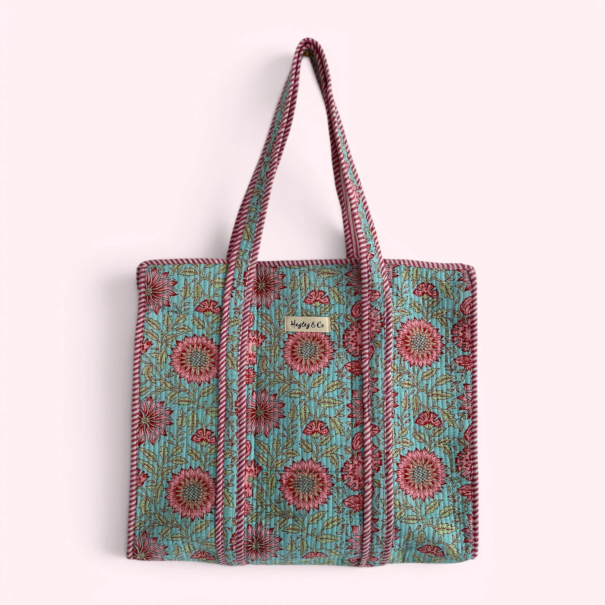 Blue and Pink Floral Quilted Cotton Tote Bag - Image 4