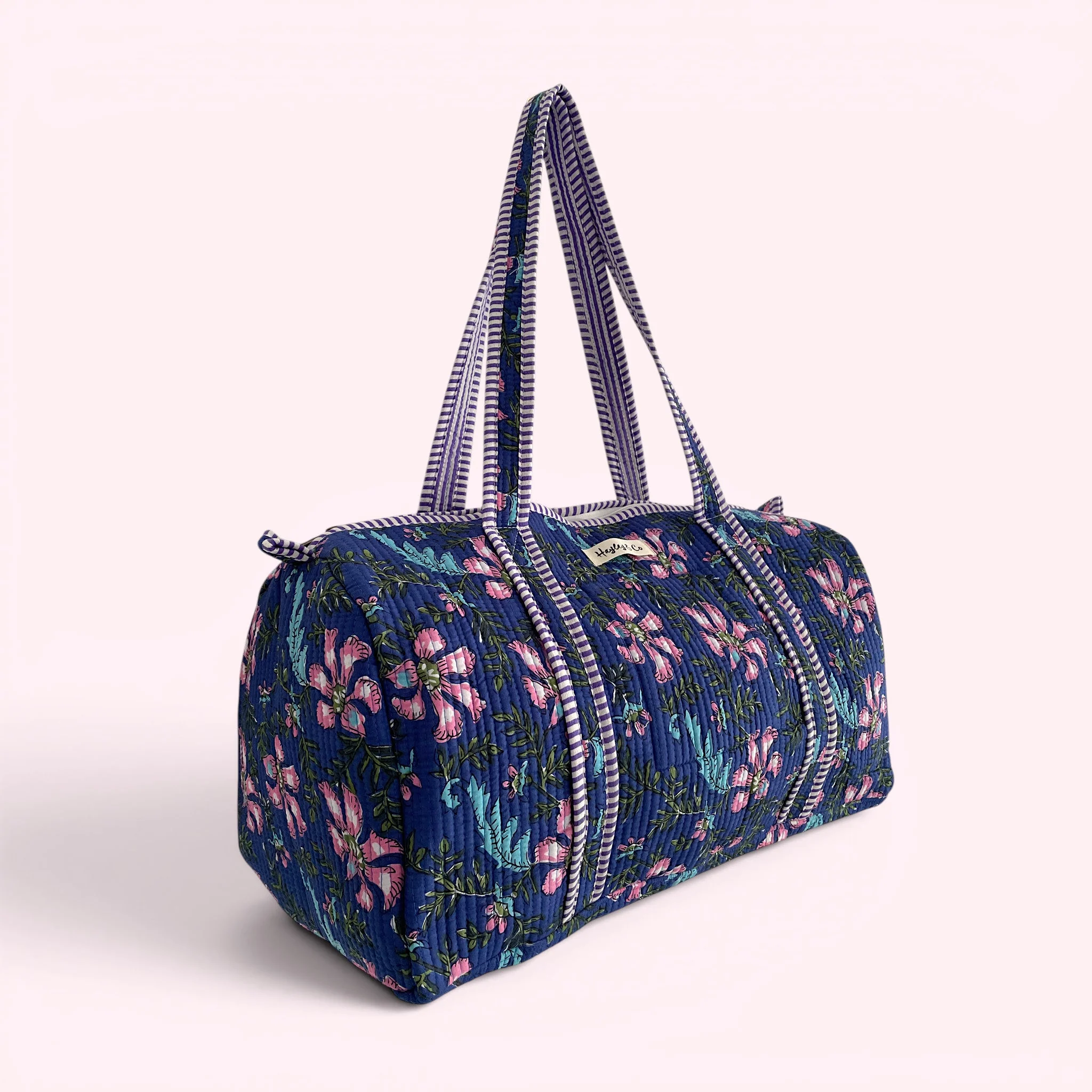 Blue and Purple Floral Block Print Cotton Quilted Weekend Duffle Bag